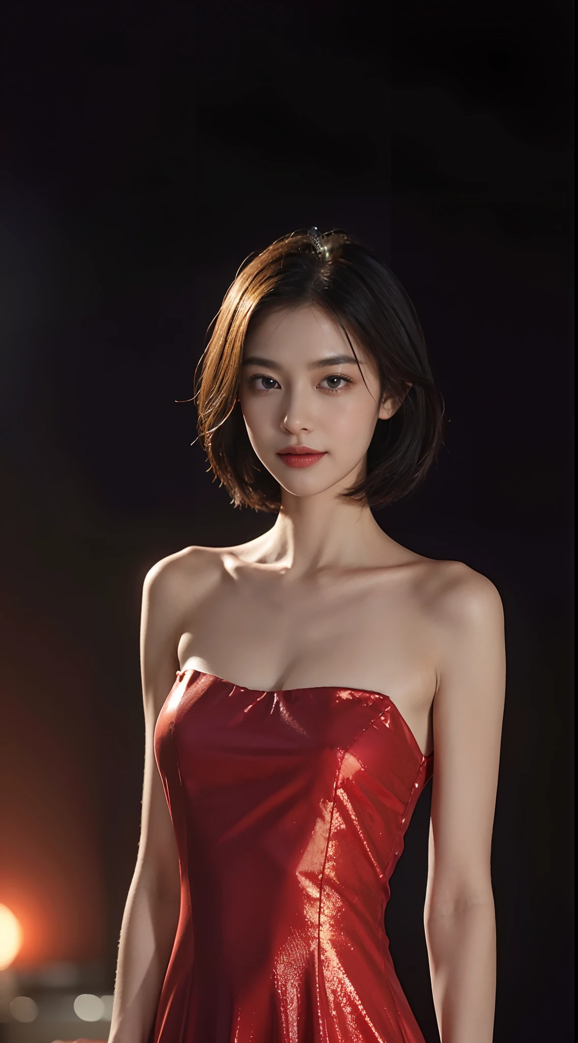 (shoulder length straight short black hair: 1.3), （Extremely meticulous CG 8k wallpaper），（Extremely refined and beautiful），（Masterpiece），（best qualtiy：1.0），（Ultra High Resolution：1.0），beautiful light up，Perfect lightning，realistic shaded，[A high resolution]，Smooth and flawless fair skin，Extremely exquisite facial details，（perfect body：1.1），ultra - detailed,1 beautiful girl，small head,(Flat chests:1.3)，slim，thin，Smile，cheerfulness，(Gorgeous Queen's Red Evening Dress Long Dress:1.5),Slender legs,shoulder off,bare shoulder,upper body,close shot,cowboy shot,(Portrait above chest level:1.2),(Photo booth:1.2),(Bright light:1.2),standing,Night view, at Tiananmen Square