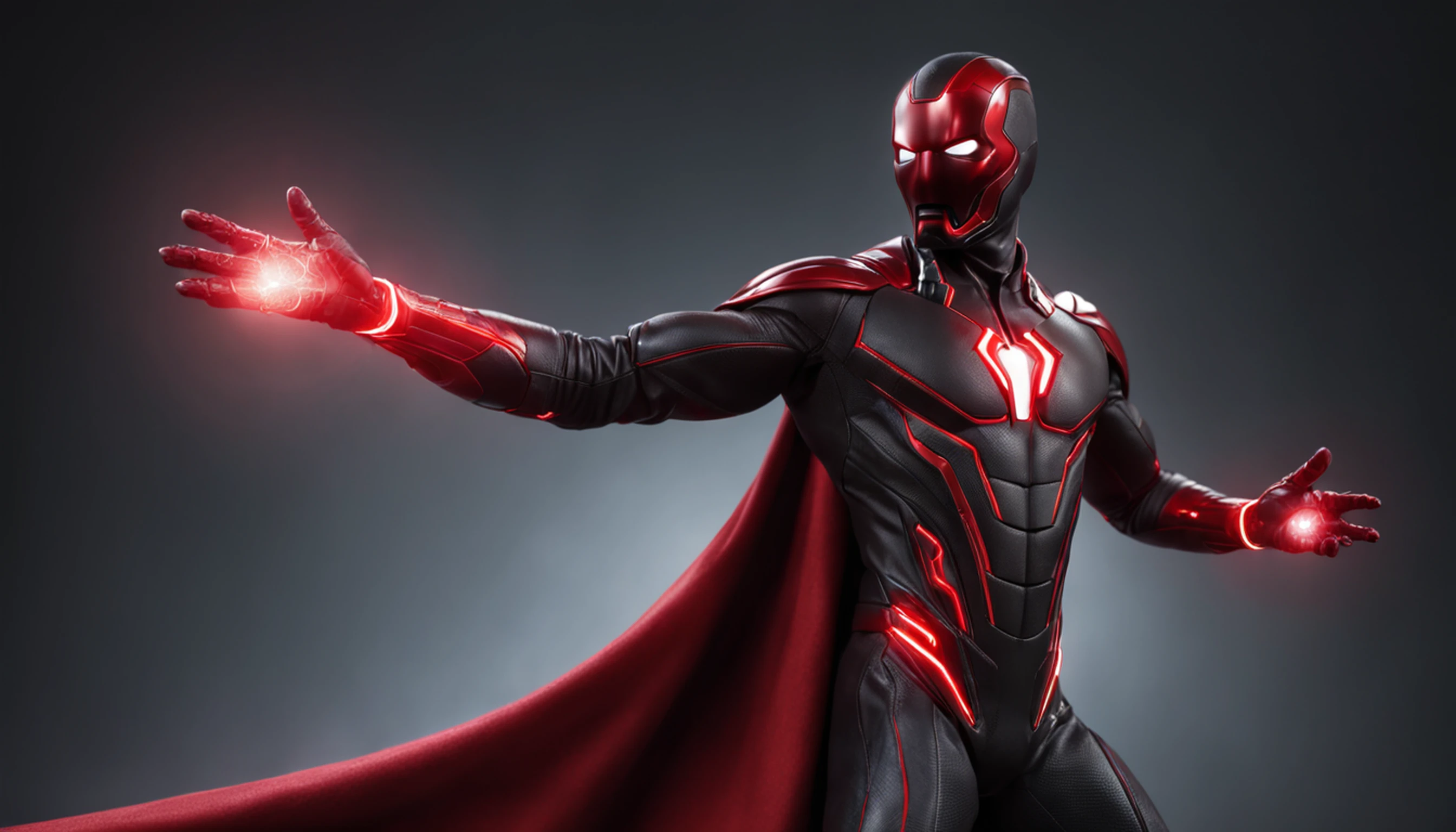 An intricate carbon and red Superhero in a cyber-suit, levitating in the air, extravagant long carbon black silk Cape, no helmet, has long hair and a beard, laser red eyes, his super powers are strength and flight and can shoot lightning out of his hands, surrounded by red lightning, extremely detailed suit, micro-details, photo-realism, one light, dark photo, deep shadows, shallow depth of field, photo-realistic, Surrealism, high quality, masterpiece, 8k, 8k, super detail, full body portrait, extremely muscular, no mask, (T Logo on chest)