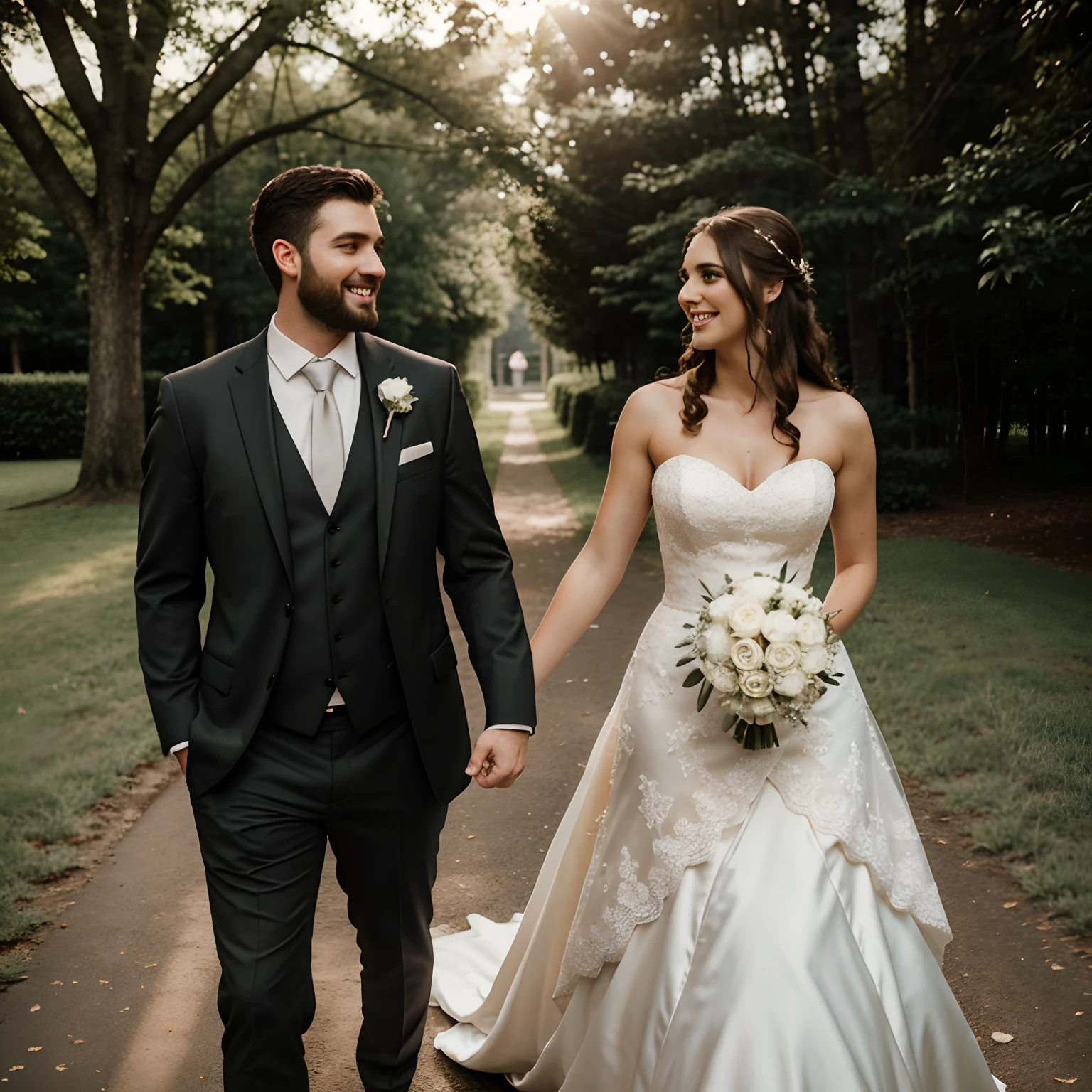Full body photography of a gorgeous bride and her handsome husband on their wedding day, she is 5 foot 4 inch height, he is 6 foot 4 inch height, she is wearing a strapless lace wedding dress, she has full natural bust, she has natural makeup, she has wavy brunette hair, he is wearing a tailored charcoal suit, he has a athletic build, he has groomed short beard, both standing at the alter of a rustic outdoor summer wedding, both smiling, both looking lovingly into each other's eyes, symmetrical eyes, symmetrical face, photorealistic, photography, path tracing, specular lighting, volumetric face light, path traced hair, visible shadows, intricate, elaborate, hyper realistic