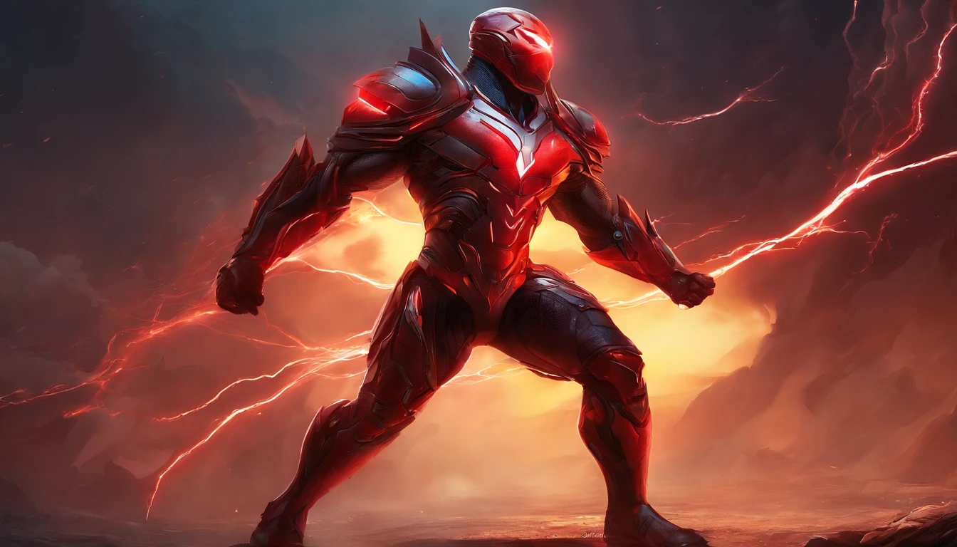 An intricate carbon and red superhero in a cybernetic suit, levitando no ar, extravagante longo fumo preto seda Cabo, sem capacete, Tem cabelo comprido e barba, laser olhos vermelhos, His super powers are strength and flight and can shoot lightning bolts from his hands, cercado por raios vermelhos, terno extremamente detalhado, micro-detalhes, foto-realismo, uma luz, Foto escura, Sombras profundas, profundidade de campo rasa, photo-realistic, Surrealismo, alta qualidade, master part, 8k, 8k, Super Detalhe, retrato de corpo inteiro, extremely muscular, no mask on, (Logotipo T no peito)