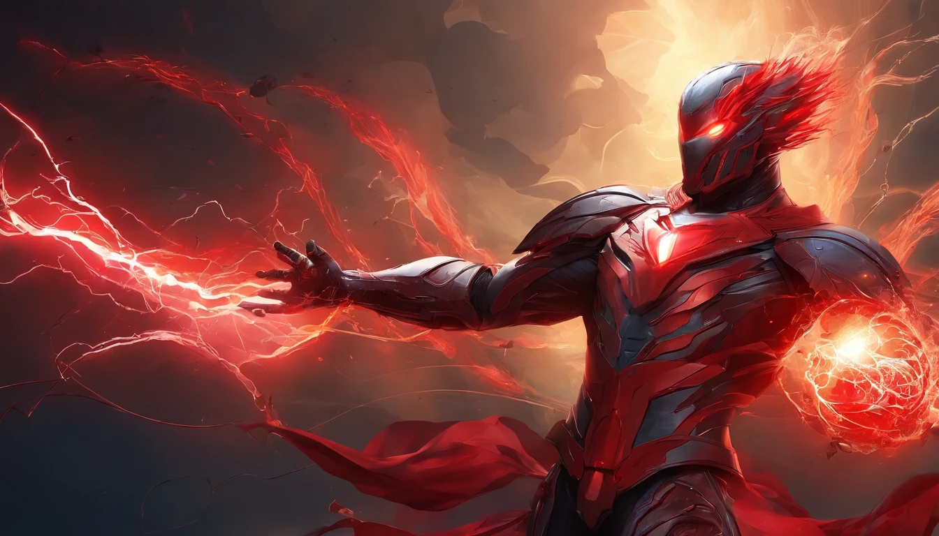 An intricate carbon and red superhero in a cybernetic suit, levitando no ar, extravagante longo fumo preto seda Cabo, sem capacete, Tem cabelo comprido e barba, laser olhos vermelhos, His super powers are strength and flight and can shoot lightning bolts from his hands, cercado por raios vermelhos, terno extremamente detalhado, micro-detalhes, foto-realismo, uma luz, Foto escura, Sombras profundas, profundidade de campo rasa, photo-realistic, Surrealismo, alta qualidade, master part, 8k, 8k, Super Detalhe, retrato de corpo inteiro, extremely muscular, no mask on, (Logotipo T no peito)