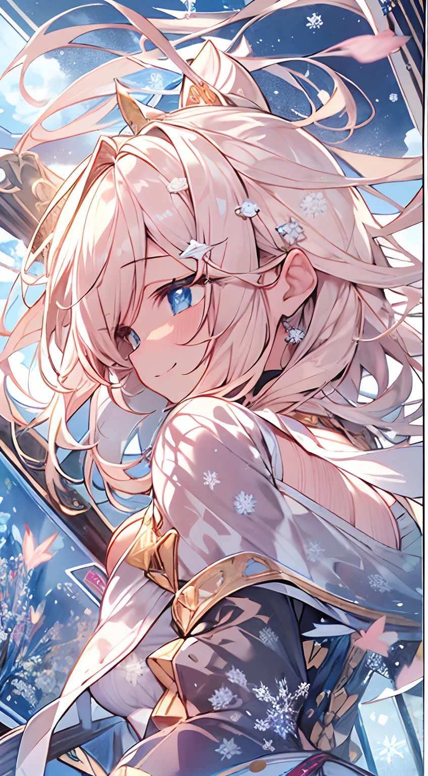 masutepiece, Best Quality,Illustration, Wallpaper, ultra -detail, Absurd beauty, 1beautiful girl、Bright hair color、Glitter and big eyes、Hair fluttering in the wind、ample breasts、♡、Smaller head、Winter scene、miscievous smile、Angle looking down from above