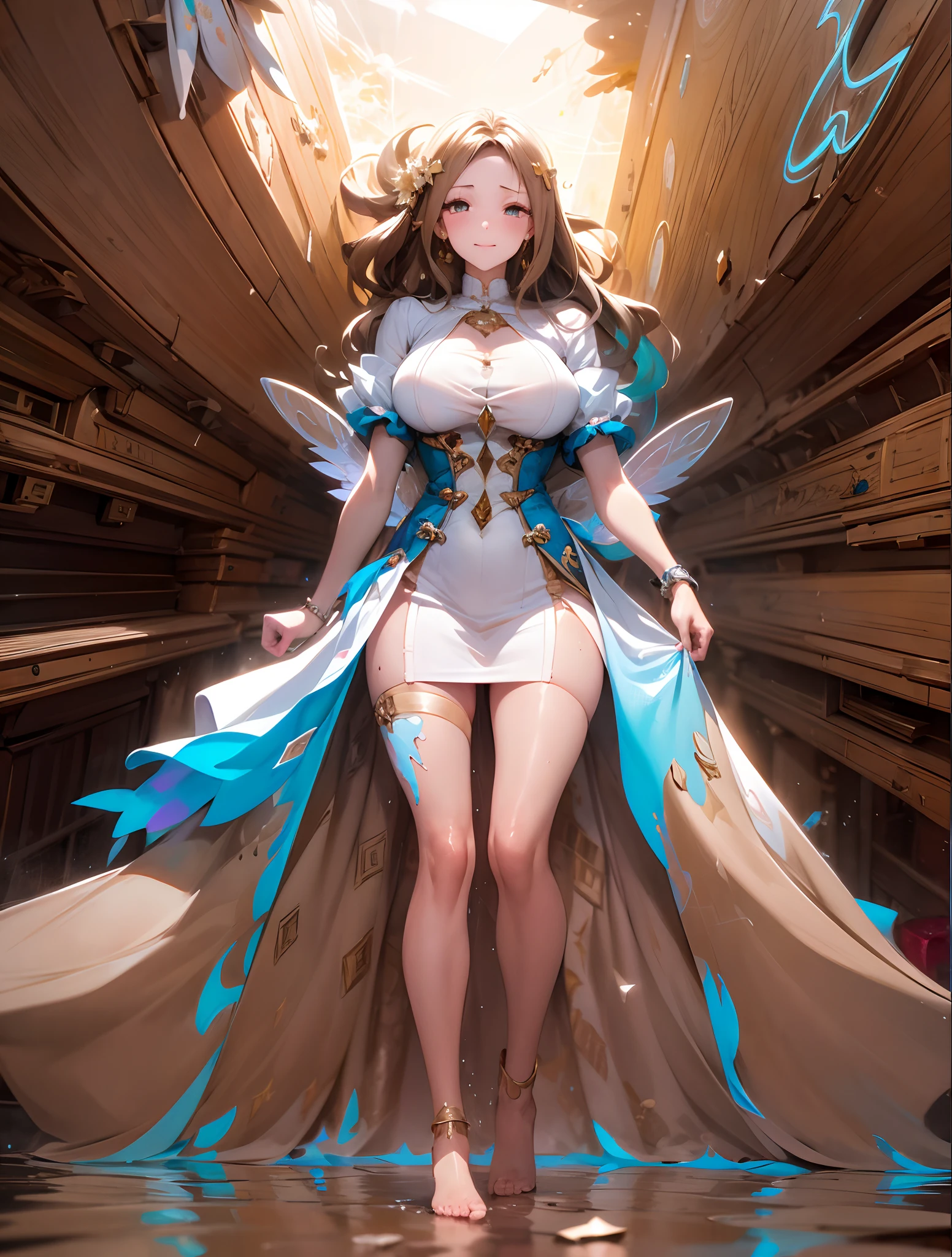 (((Dynamic pose))), masterpiece, Splash art, colorful, colorful splash art, A painting with dripping and scattered paint, magician beautiful woman, full body, normal fingers, 24k resolution, professional model photoshoot wearing a mini dress and blouse, close-up of anime woman with bright beautiful detailed eyes, wet-on-wet, shiny, shimmery, glittery, Ross Tran, high quality, 8K Ultra HD, beautiful woman, A digital illustration of anime style, digital anime paintings of her, soft anime tones, Feels like Japanese anime, colorful, A painting with dripping and scattered paint, Painting like Agnes Cecile, blurry, pale touch, smudged outline, like a fairy tale, beautiful face, Her hair is gently swaying in the breeze, Summer clouds spreading far away, Her hair is gently swaying in the breeze, and the sun is shining down on her, casting a warm glow on her skin, pale brown dress, large eyes, a little smile, luminism, three dimensional effect, Alphonse Beeple, luminism, 3d render, octane render, Isometric,