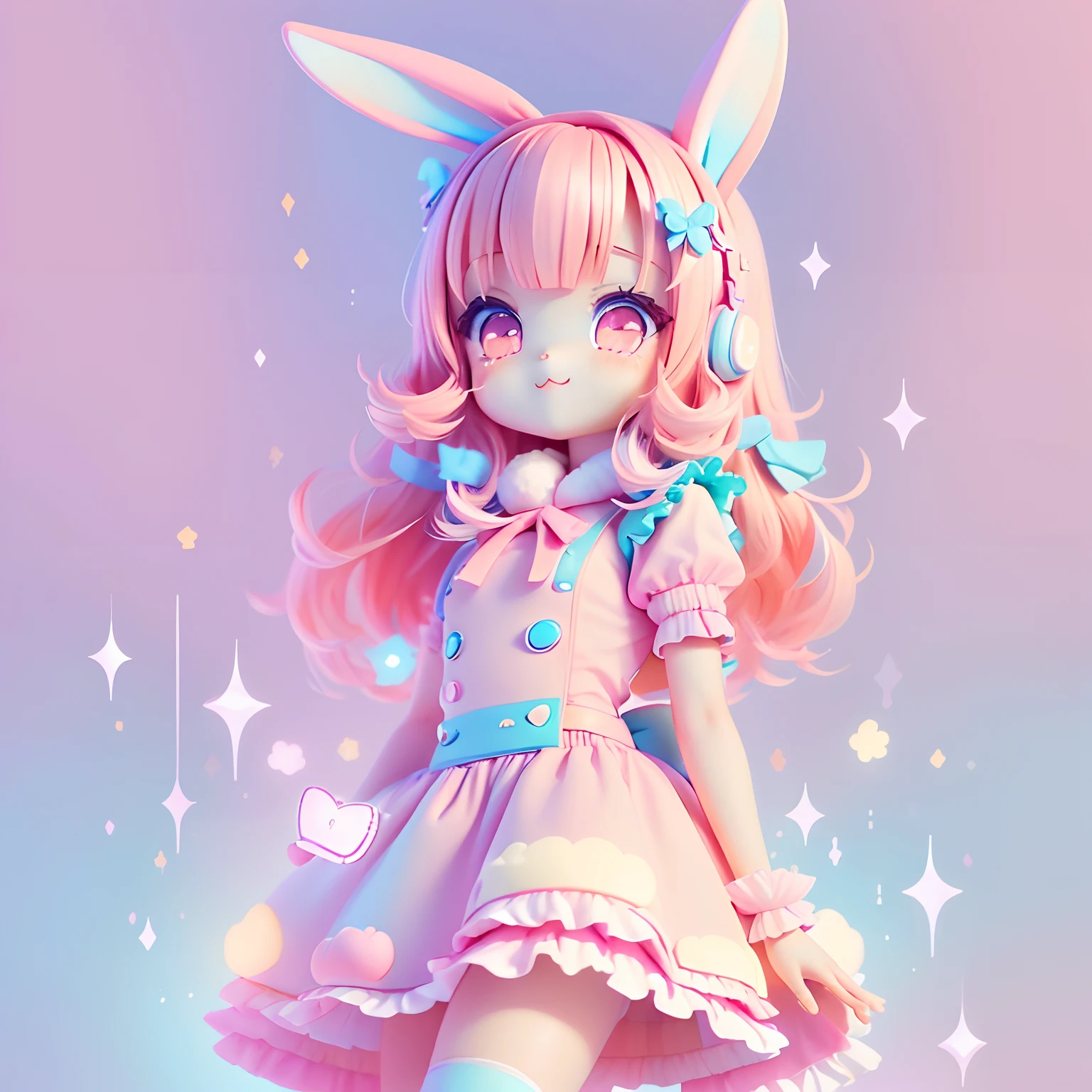 (tchibi, Kawaii Tech, kawaii, Cute, Pastel colors, Best Quality, Happy rabbit ears, Pink hair, Pink eyes)