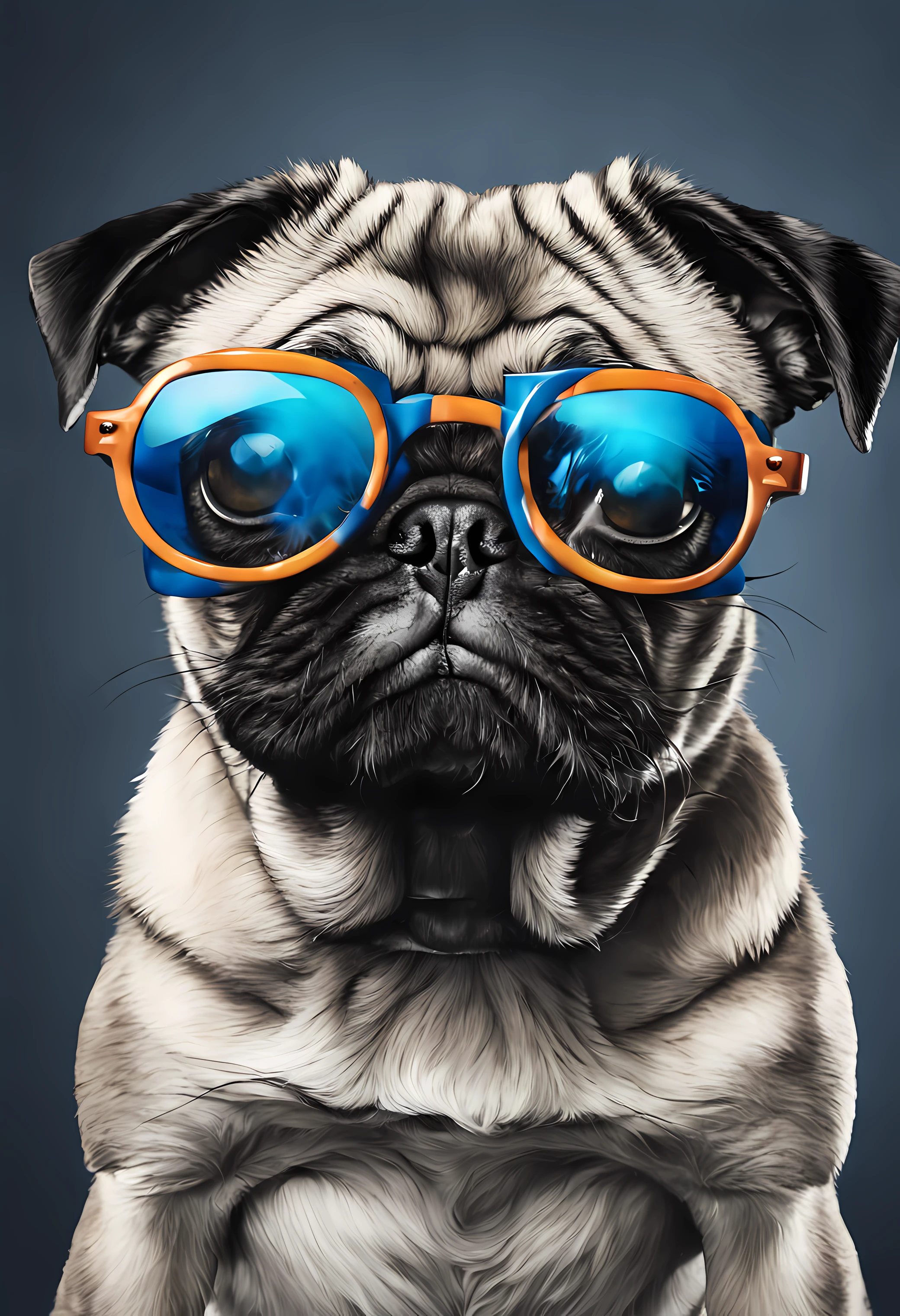 um cachorro Pug, pintura estilo 3D aquarela, Dog wearing blue DJ glasses, Pug dog wearing a pair of glasses , imagem completa, High resolution high contrast (fotorrealista:1.5), (Foto RAW, 8k UHD,