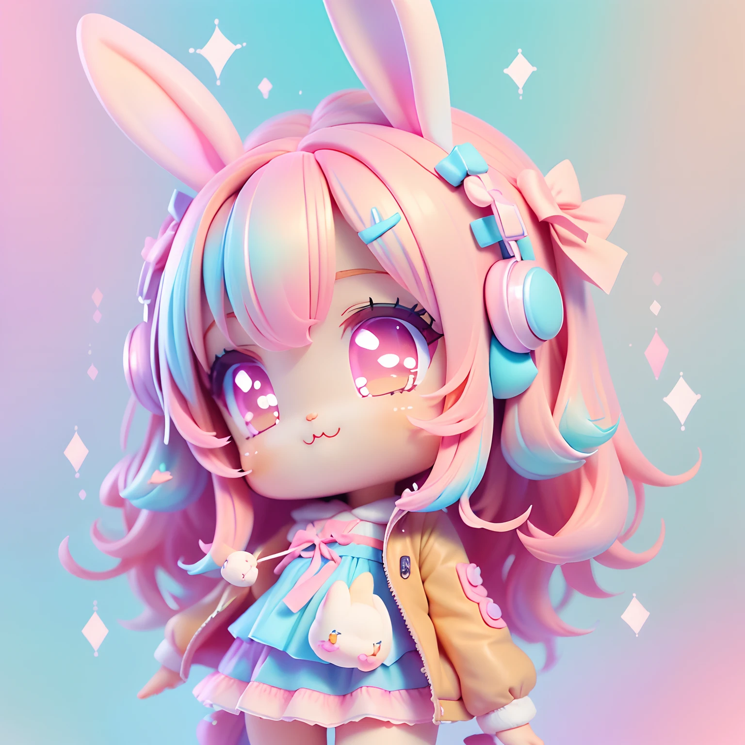 (tchibi, Kawaii Tech, kawaii, Cute, Pastel colors, Best Quality, Happy rabbit ears, Pink hair, Pink eyes)