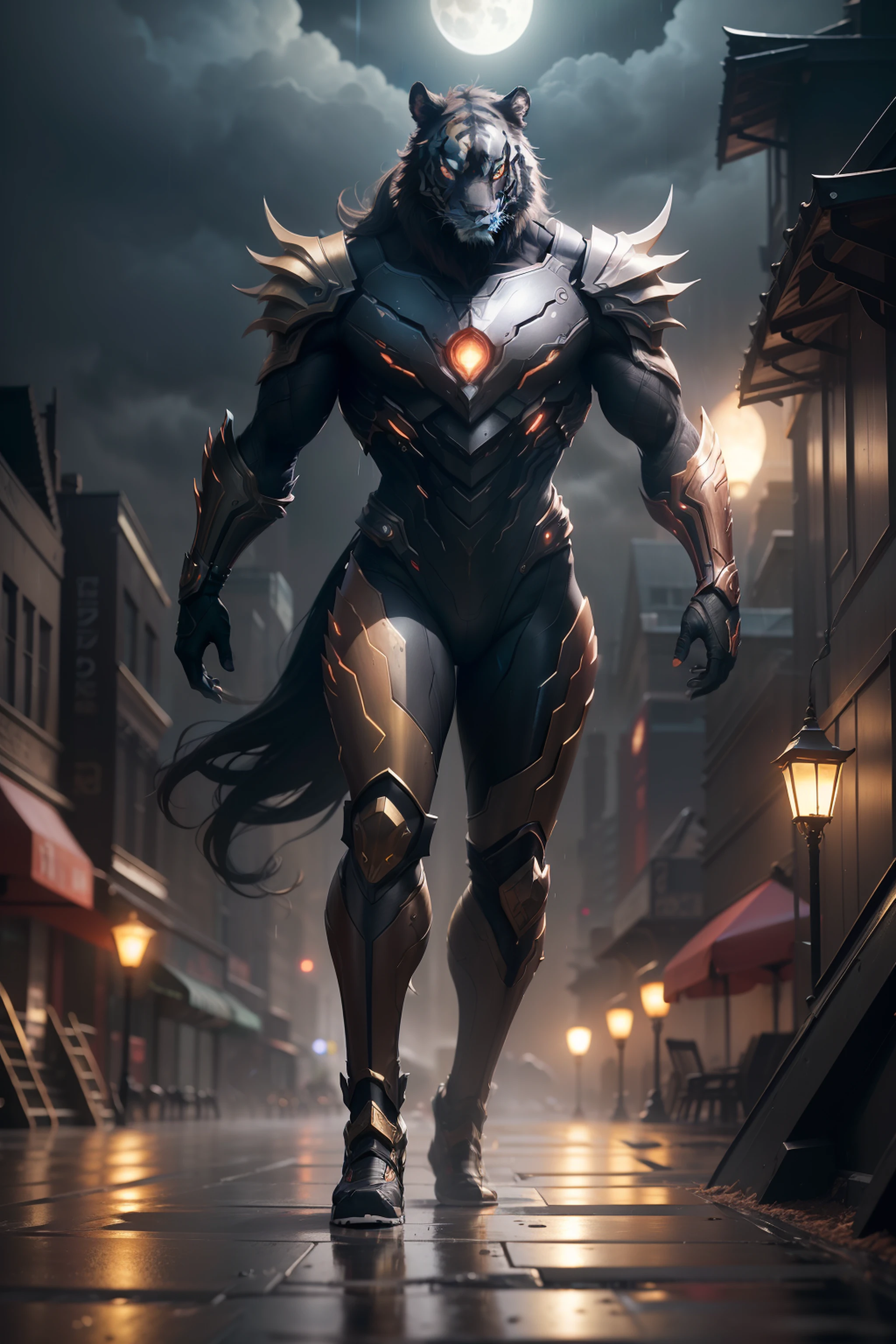 1 Tiger, beast, WARFRAME, intricate pattern, energy lines, faceless, glowing eyes, elegant, intense, blood red and black uniform, solo, modern, city, streets, dark clouds, thunderstorm, heavy rain, dramatic lighting, (masterpiece:1.2), best quality, high resolution, beautiful detailed, extremely detailed, perfect lighting,(full body, (dynamic pose), action pose), (rim lighting, studio lighting, distant moon light, night, bloom), (cinematic, best quality, masterpiece, ultra HD textures, highly detailed, hyper realistic, intricate detail, 8k, photorealistic, concept art, matte painting, autodesk maya, vray render, ray tracing, hdr), (dslr, full frame, 16mm focal length, f/8 aperture, dynamic perspective, dynamic angle, golden ratio, wide photography, wide field of view, deep depth of field, zoom out)
