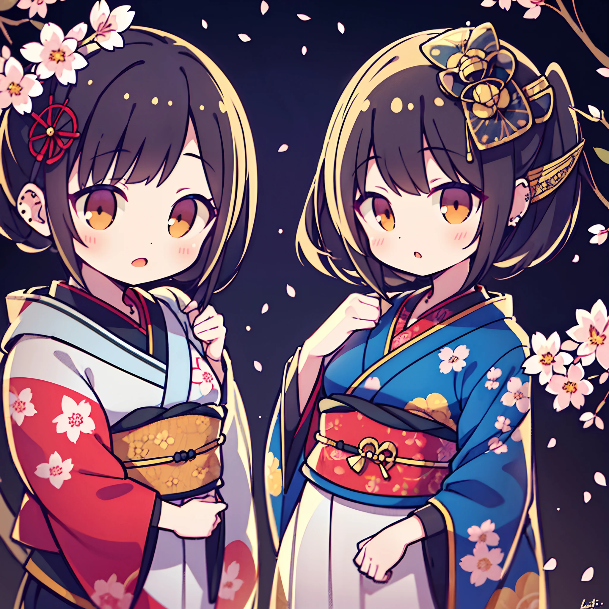 (2 girls) The cutest geisha girls, wearing the most beautiful and highly detailed kimonos, tattoos and piercings, finely detailed graffiti background, cherry blossoms blowing in the wind, perfect masterpiece, high quality, high resolution