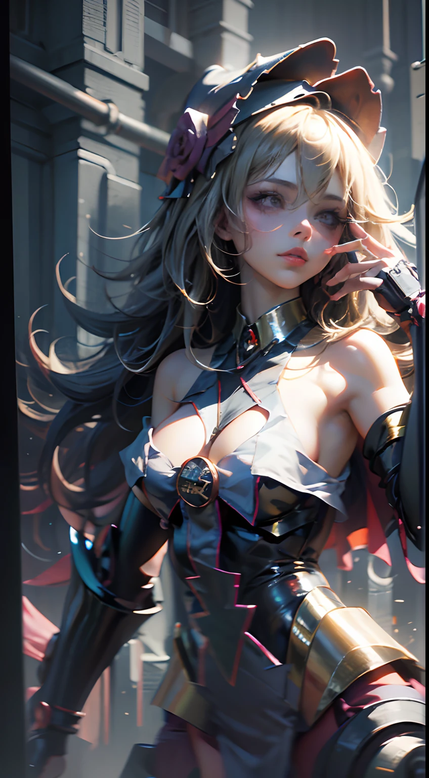 NSFW chica maga oscura, Cubierta de cristal, parte superior del cuerpo, Disparo lateral, Color alternativo, obra maestra, detailed illustration, realista, Pixiv Calidad superior, exquisito, {{{Linda 1chica Maga Oscura}}}, Super beauty merging with the machine, Elaborate shabby chic pattern, Mujer hermosa y brillante, Half of my body is made of machine, Cuerpo de vidrio transparente, The machine inside is transparent, cinematic lighting, Dynamic Angle, dynamic  pose, Mundo de Cristal, profundidad de campo. Ara de magia al Fondo. Magical hearts