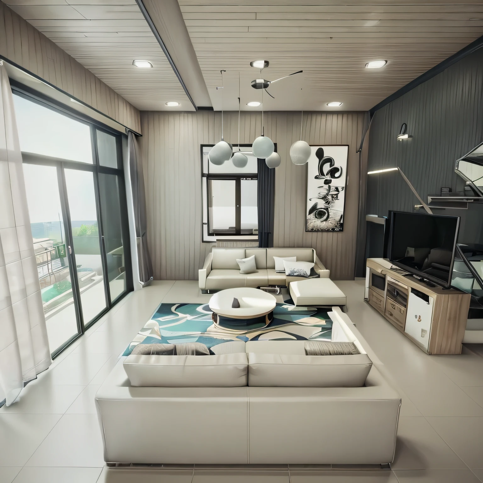 there is a living room with a couch, coffee table, and a television, interior living room, porcelain floor tile, modern living room, plain wall surrounding the structure out side, stunning 3 d render, rendered in lumion pro, rendered in enscape, highly detailed interior, house interior, vray rendered, rendered in unreal engine 6, interior architecture view, render unreal engine, rendered with unreal engine, unreal engine realistic render, octane render , natural lighting, day lighting, 16k quality.