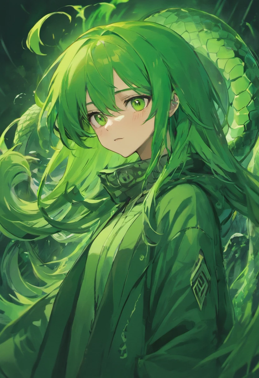 A handsome man,Long dark green hair,Green eyes,The expression is cold,A poisonous snake wrapped around his neck,viciousness,unholy,badass,Wearing delicate white clothes。