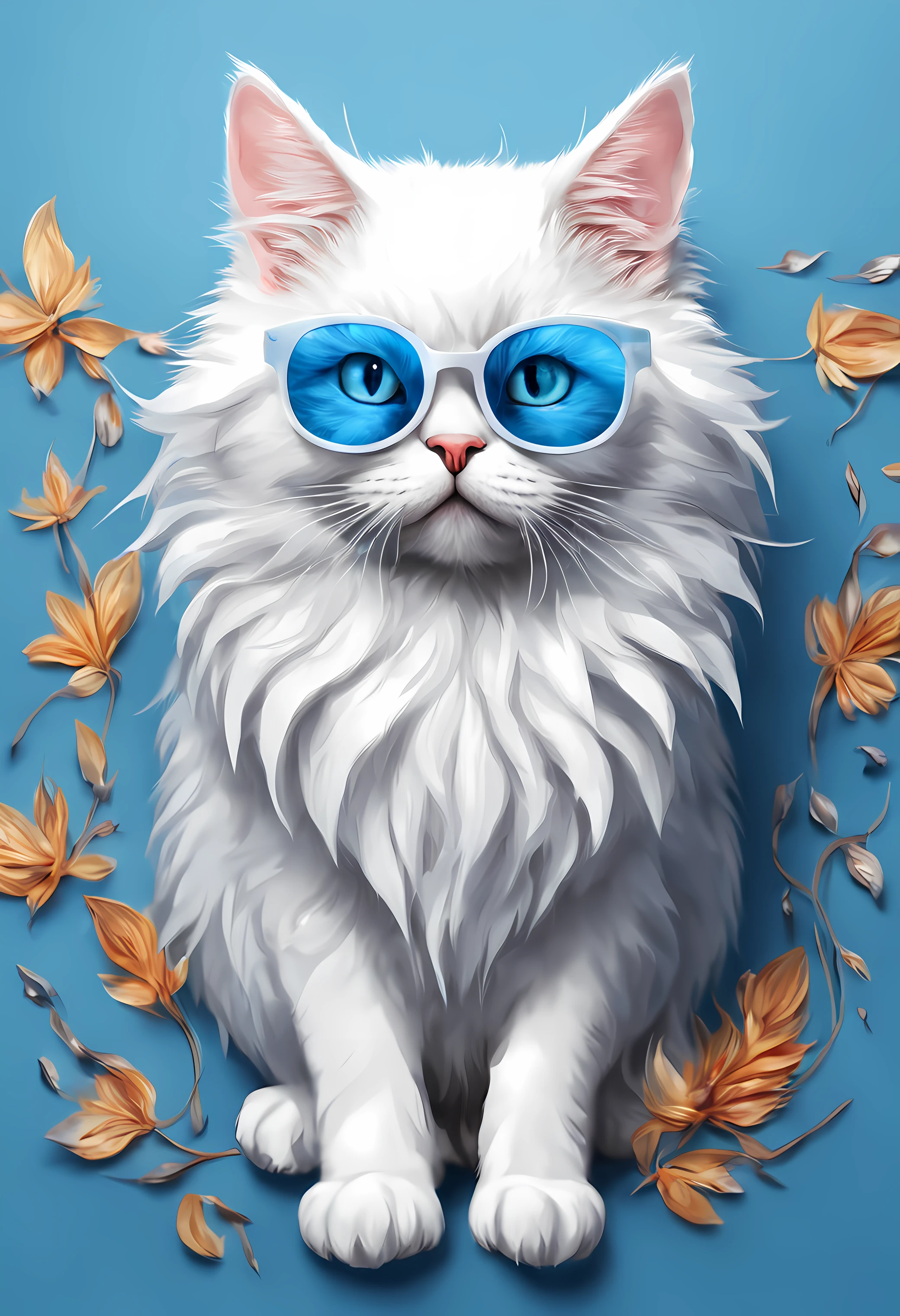 a cat of the white Angora breed, pintura estilo 3D aquarela, Cat wearing blue DJ glasses, White furry Angora cat, wearing a pair of glasses , imagem completa, High resolution high contrast (fotorrealista:1.5), (Foto RAW, 8k UHD,