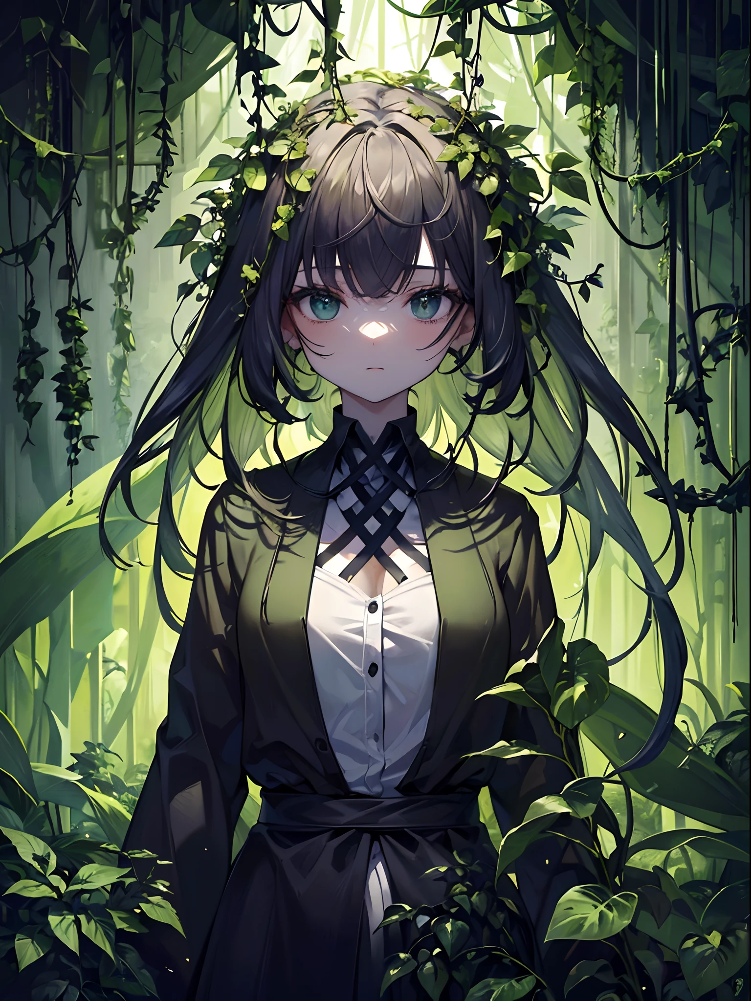 Gloomy castle in the middle of a deserted forest, surrounded by foggy darkness. Standing alone in front of the castle, dark woman with long black hair and a sinister smile.