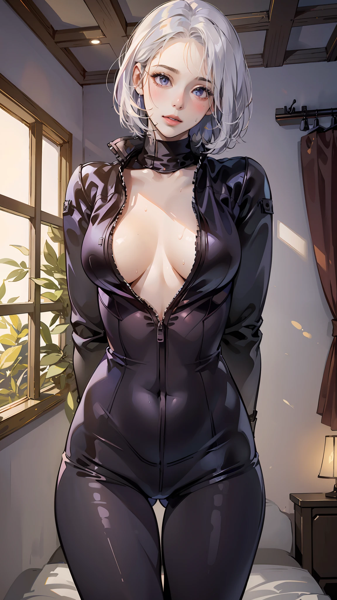 ((((masterpiece, best quality, high resolution)))), Extremely detailed 8K, Beautiful girl with slender body, (Ultra HD, Ultra-detailed, Highly detailed, Highly realistic, Ultra-realistic, photograph realistic), (dynamic poses), latex bikesuit, (1girl:1.5), (large breasts: 1.2), cleavage, white hair, bob cut, purple eyes, light smile, parted lips, blush, looking at viewer, bedroom, arms behind back, cowboy shot, white hair, bob cut, open clothes, open chest, sweat,