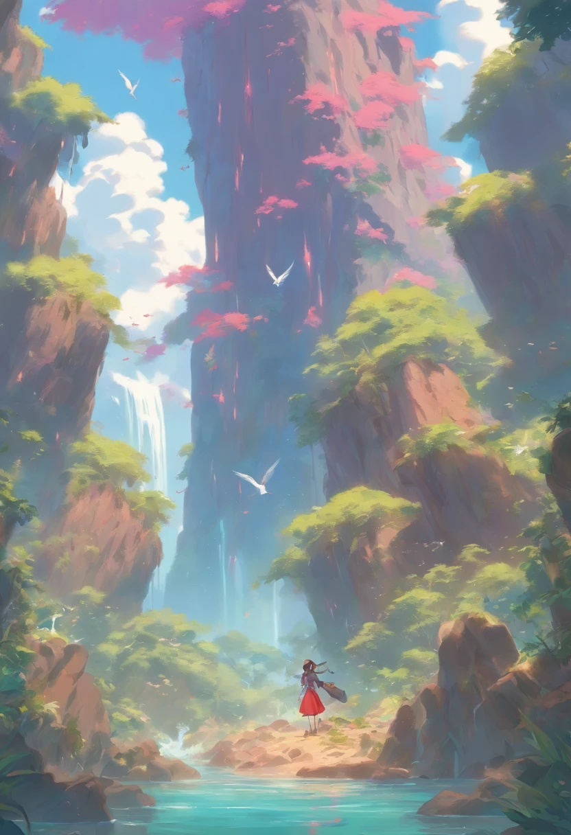 In the foreground very close
A 1.60 meter tall brunette girl in a red skirt with shoulder-length curly hair, carrying a backpack, with a stick in her right hand, accompanied by a large pale green frog 1 meter nearby of the girl on a zigzag path of brown sandy earth with beautiful gray rocks on the edges all along the path in the middle of a forest. The path leads to a lagoon of volcanic turquoise water from a large mountain that resembles a volcano having a large waterfall in the center falling into the lagoon, with two other small waterfalls on the sides of the Big Mountain, Seven Birds far into the sky in the background, a circle of small clouds around the top of the mountain, and purple purple and pale pink plants surrounding the lagoon. A brilliant red and blue phoenix emerging from the lagoon to fly away,
Zen theme, wonderful