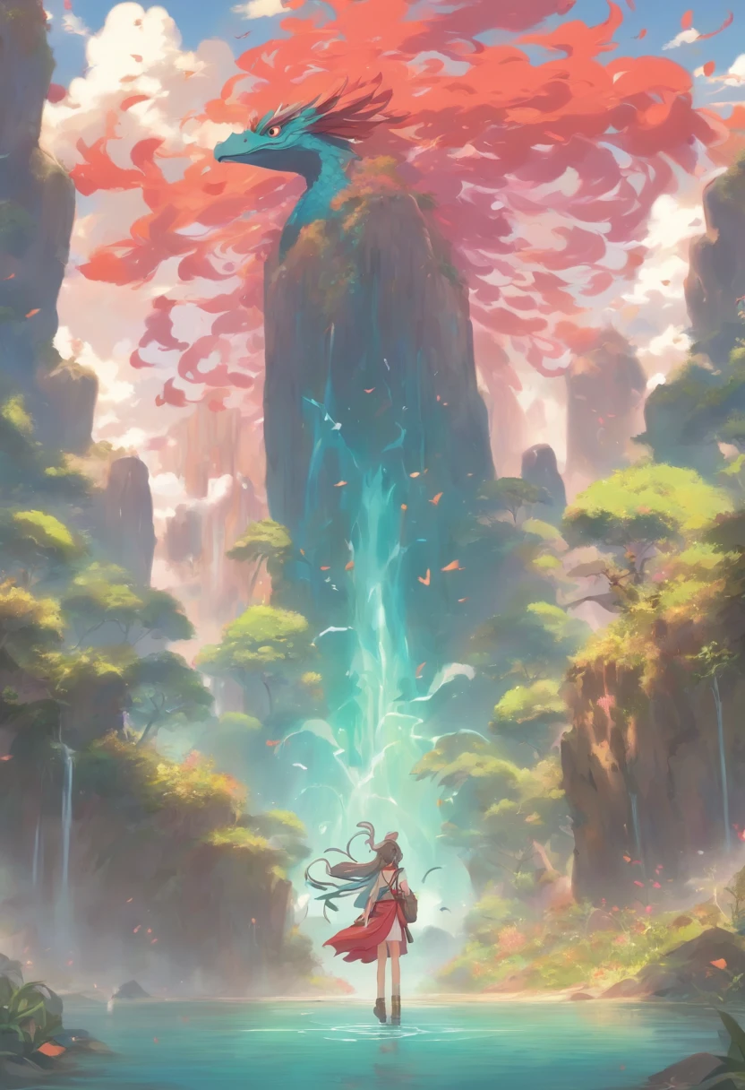 In the foreground very close
A 1.60 meter tall brunette girl in a red skirt with shoulder-length curly hair, carrying a backpack, with a stick in her right hand, accompanied by a large pale green frog 1 meter nearby of the girl on a zigzag path of brown sandy earth with beautiful gray rocks on the edges all along the path in the middle of a forest. The path leads to a lagoon of volcanic turquoise water from a large mountain that resembles a volcano having a large waterfall in the center falling into the lagoon, with two other small waterfalls on the sides of the Big Mountain, Seven Birds far into the sky in the background, a circle of small clouds around the top of the mountain, and purple purple and pale pink plants surrounding the lagoon. A brilliant red and blue phoenix emerging from the lagoon to fly away,
Zen theme, wonderful