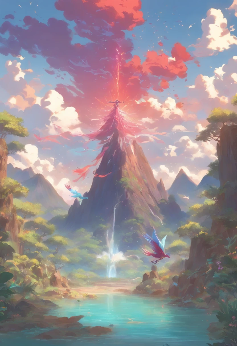 In the foreground very close
A 1.60 meter tall brunette girl in a red skirt with shoulder-length curly hair, carrying a backpack, with a stick in her right hand, accompanied by a large pale green frog 1 meter nearby of the girl on a zigzag path of brown sandy earth with beautiful gray rocks on the edges all along the path in the middle of a forest. The path leads to a lagoon of volcanic turquoise water from a large mountain that resembles a volcano having a large waterfall in the center falling into the lagoon, with two other small waterfalls on the sides of the Big Mountain, Seven Birds far into the sky in the background, a circle of small clouds around the top of the mountain, and purple purple and pale pink plants surrounding the lagoon. A brilliant red and blue phoenix emerging from the lagoon to fly away,
Zen theme, wonderful