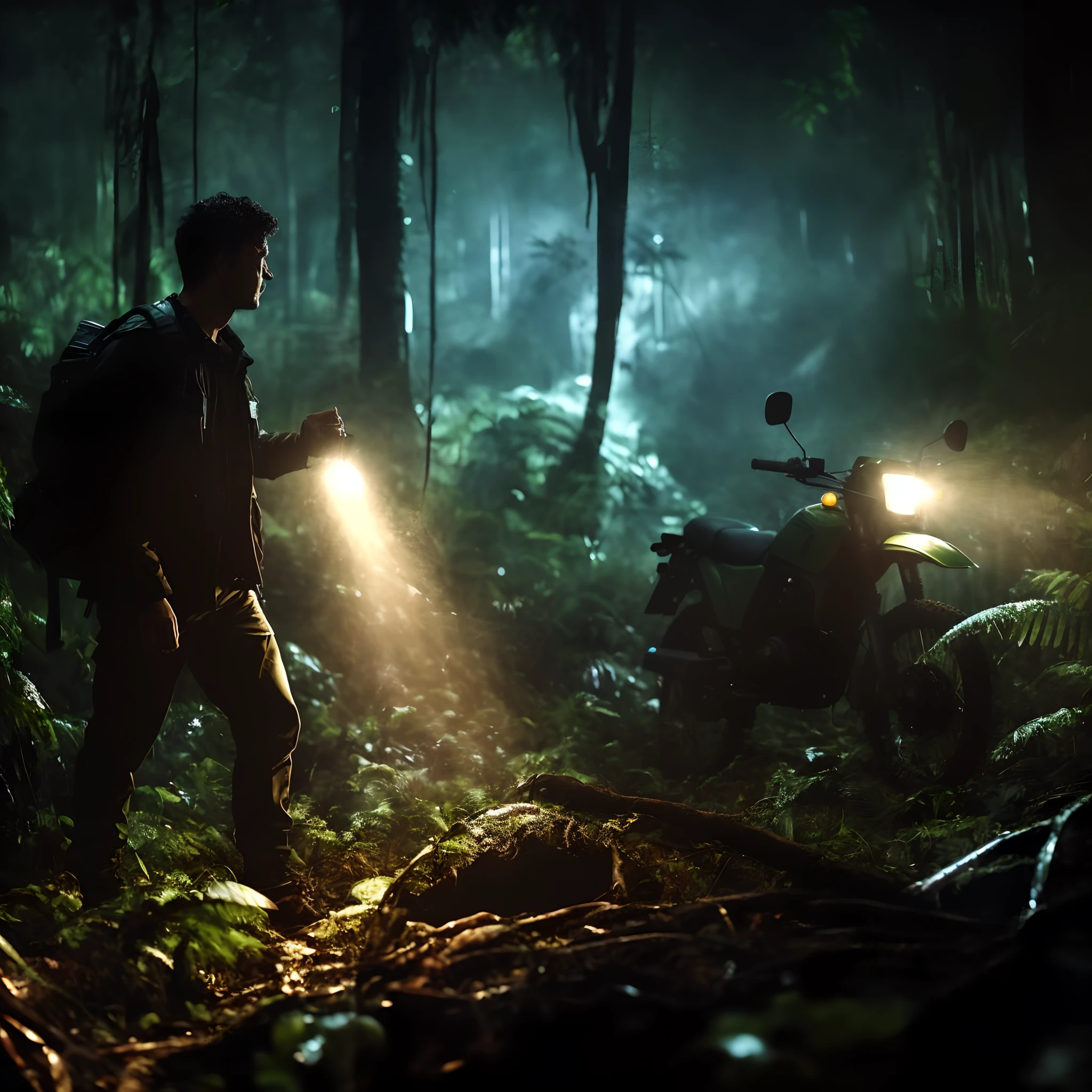 arafed man holding a flashlight in a forest with a motorcycle in the background, still from a live action movie, in a deep lush jungle at night, 8 k movie still, movie still 8 k, dramatic cinematic action shot, in a jungle environment, jungle clearing, in the jungle, beautiful and cinematic lighting, cinematic forest lighting, in a jungle, live action film