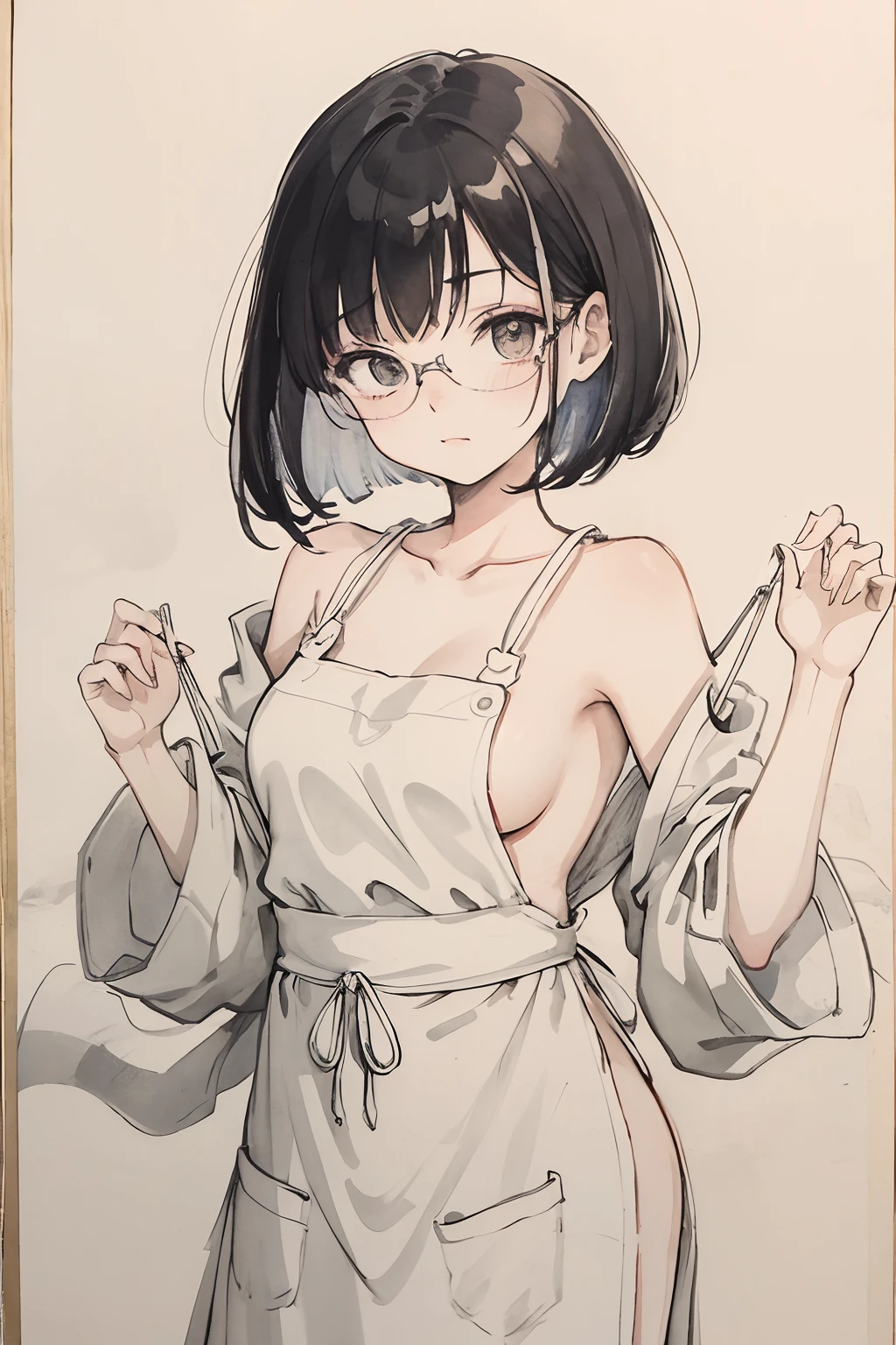 （tmasterpiece，best qualtiy：1.2），ink and watercolor painting，girl with、bob cuts、eye glasses、Apron naked