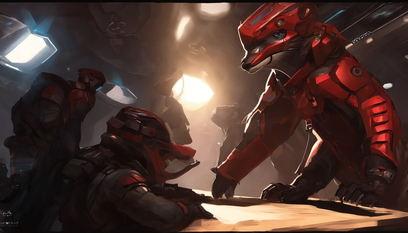 Alta Ressuloção , arte digital , Na frente, um preto-ouro Macho Anthro Anubian ciborgue Chacal acrador Mindmachine com um scifi Blaster e olhos vermelhos , Background Story : Neonlighs e Scifi Hanger com naves espaciais , in the distance are some black-red Anthro Anubian jackal soldiers , Quaisquer bandeiras vermelhas nas paredes