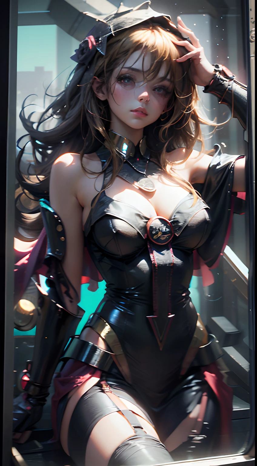 NSFW chica maga oscura, Cubierta de cristal, parte superior del cuerpo, Disparo lateral, Color alternativo, obra maestra, detailed illustration, realista, Pixiv Calidad superior, exquisito, {{{Linda 1chica Maga Oscura}}}, Super beauty merging with the machine, Elaborate shabby chic pattern, Mujer hermosa y brillante, Half of my body is made of machine, Cuerpo de vidrio transparente, The machine inside is transparent, cinematic lighting, Dynamic Angle, dynamic pose, Mundo de Cristal, profundidad de campo. Ara de magia al Fondo. Magical hearts