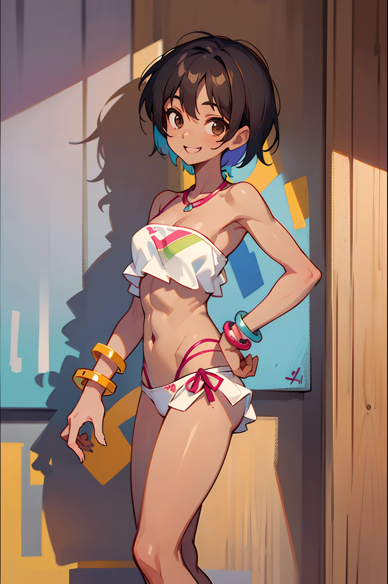 Short cut gray hair girl、She is 、brown skinned、Wearing a white bikini、Bandeau、slender muscular body、bare-legged、Colorful bracelets、Colorful anklets、Smile cheerfully、Laugh、Dance cheerfully