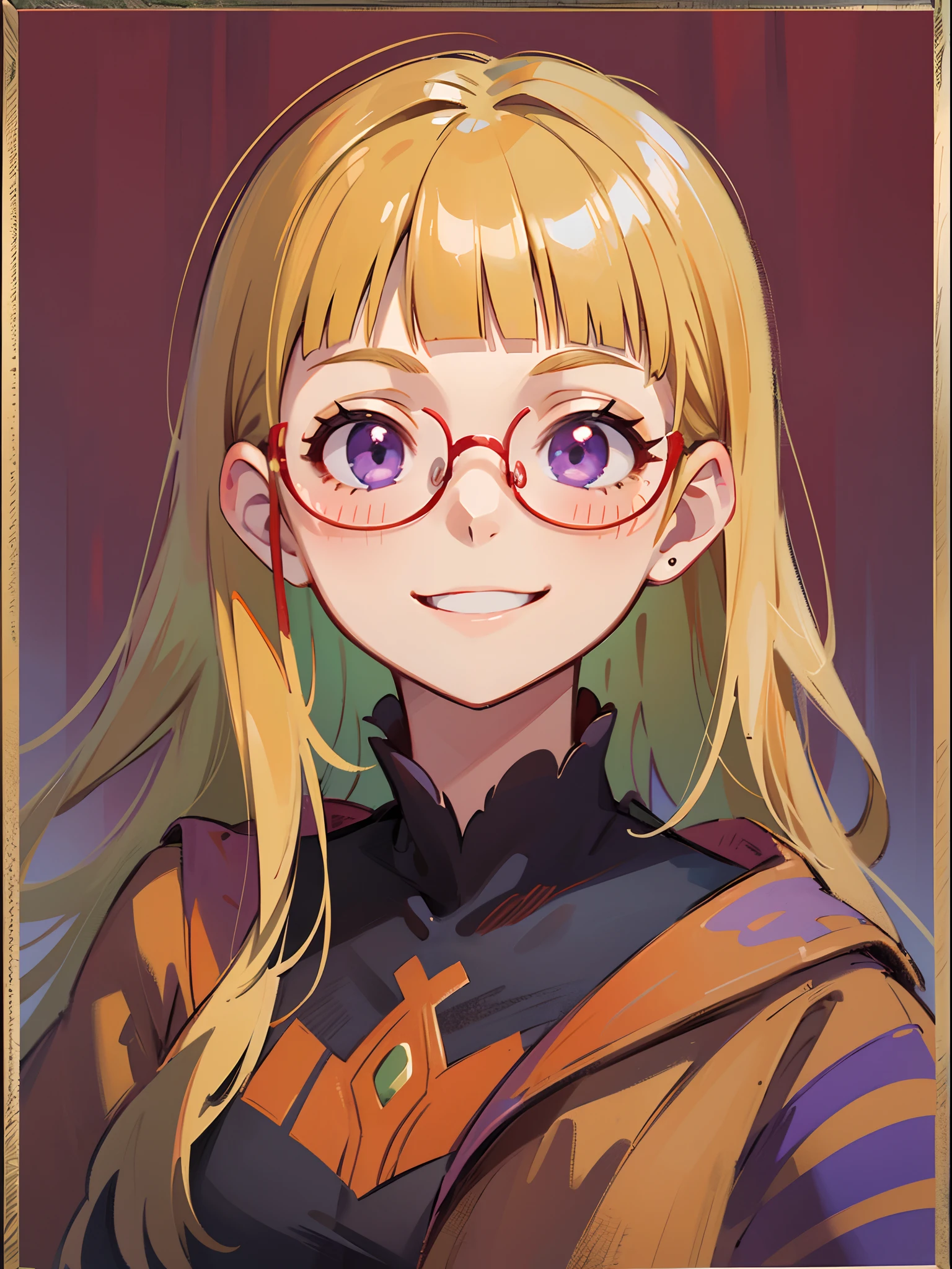 Single Portrait, infp young woman, Smile, Impression, (Oil Painting), Green and orange tones、a blond、Blunt bangs、Straight hair, Hair pulled back、Purple eyes、((Red Frame Glasses)):1.5、Onepiece、Long sleeves、A slight smil、