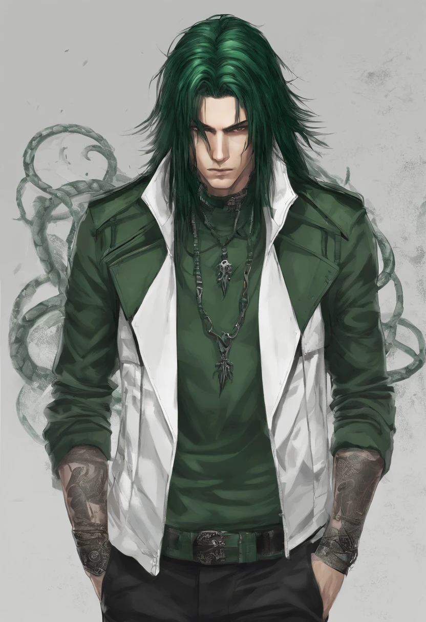 A handsome man with long dark green hair、Green eyes，The expression is cold，A poisonous snake wrapped around his neck，viciousness，unholy，badass，Wearing delicate white clothes，Full body like。