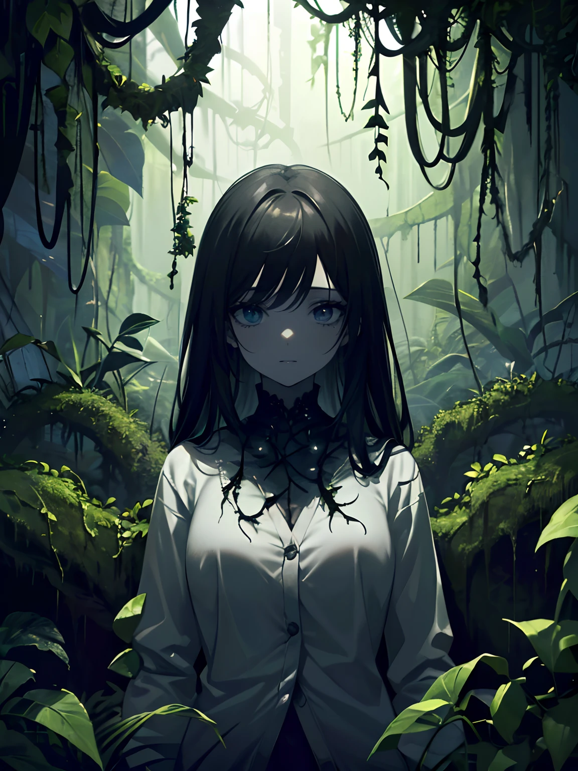 (Masterpiece, Best quality, ultra high resolution),1girl,(plant girl, vines),beautiful and detailed face, detailed eyes, white shirt,cardigan,((black plants,black vines)),(grey and dark green theme),in a dark cave full of plants,plants, mutant plants, magical plants,((dark ambient,creepy ambient))