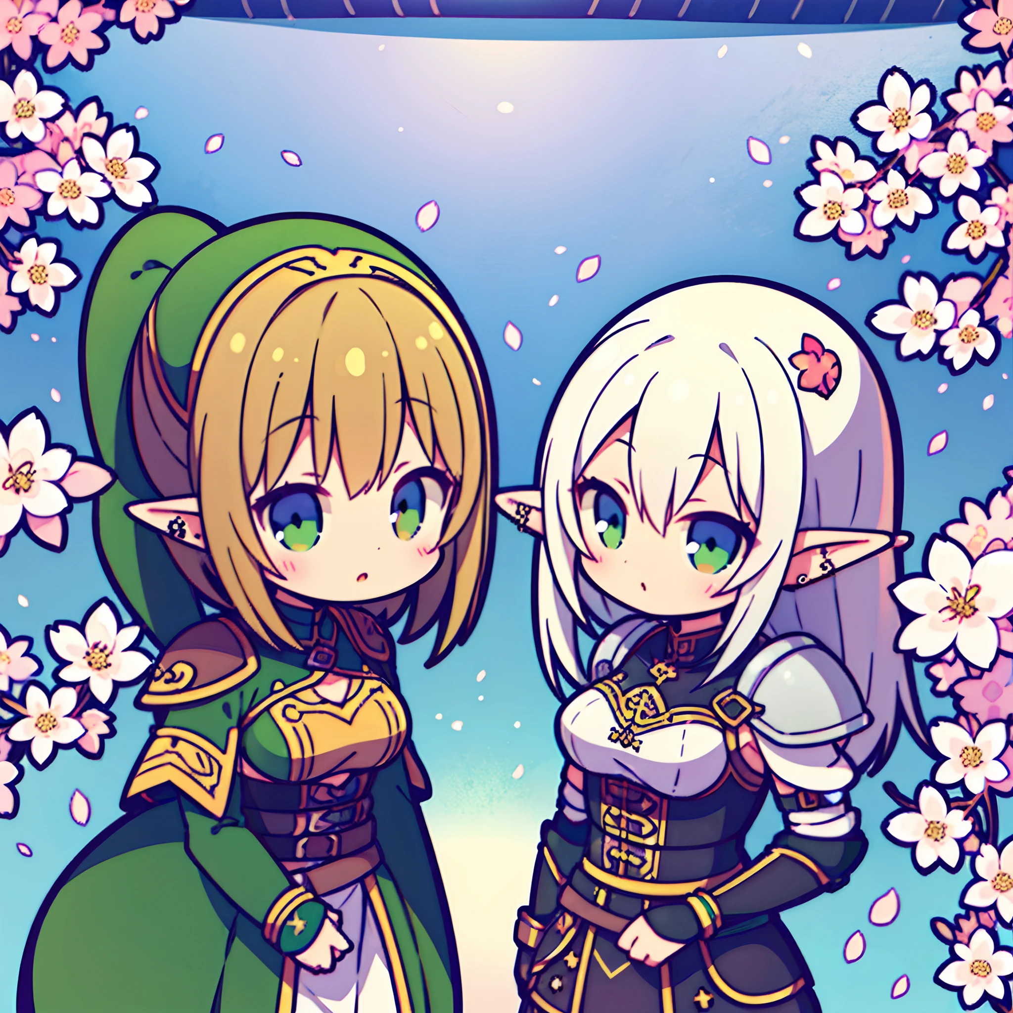 (2 girls) The cutest elf girls, wearing highly detailed battle armor, tattoos and piercings, finely detailed graffiti background, cherry blossoms blowing in the wind, perfect masterpiece, high quality, high resolution