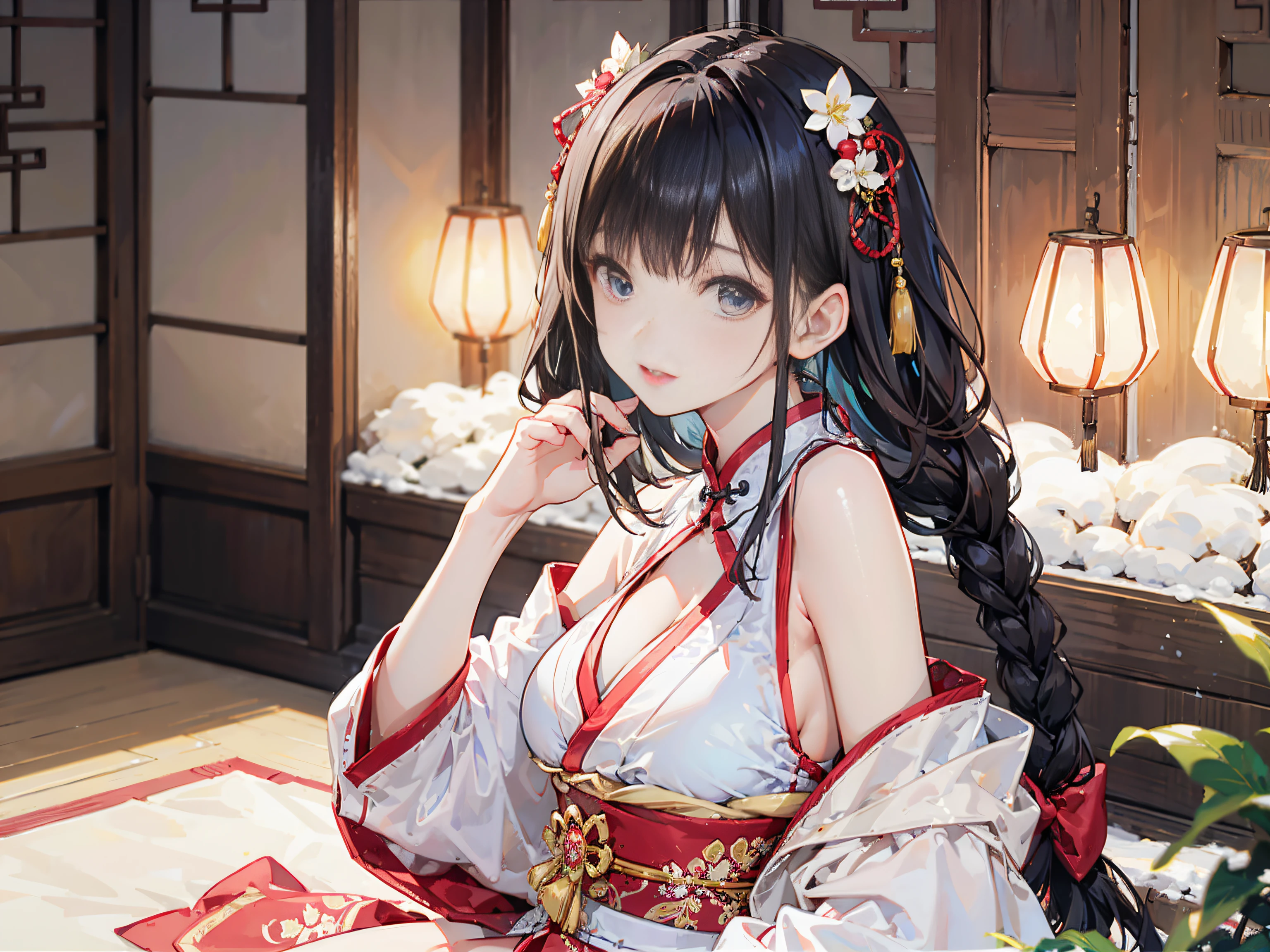 (film portrait photography, 1girll, exposed bare shoulders:1.5,shadowing:1.4,At night:1.4,janelas,Lanterns)(Realistic detailed eyes, Natural skin texture, Realistic facial details)(Soft dramatic lighting, depth of fields, Bokeh, vibrant detail, finedetail, hyper realisitc, 35mm film, Hazy and blurry, Photorealism,smallunderboob,鎖骨:1.5)(ar old,Ancient Chinese girl:1.6,Lori huge breasts cleavage,watch audience,Take strawberries,Delicate snow all over the body,A sagging breast)(Be red in the face:1.5,Petite figure,ssmile,Small red lips:1.4,eye shadows:1.2,Red belly pocket:1.5,wearing hair bow:1.4,Naked foot:1.3,French bangs,Double braid:1.4,Chinese Ancient Architecture)(Lying indoors,heavy snowy)