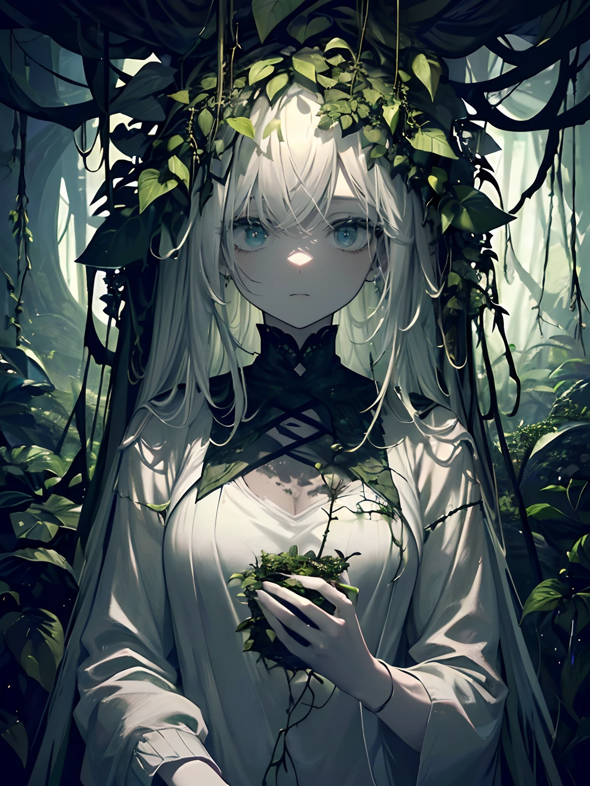 (Masterpiece, Best quality, ultra high resolution),1girl,(plant girl, vines),beautiful and detailed face, detailed eyes, white shirt,cardigan,((black plants,black vines)),(grey and dark green theme),in a dark cave full of plants,plants, mutant plants, magical plants,((dark ambient,creepy ambient))