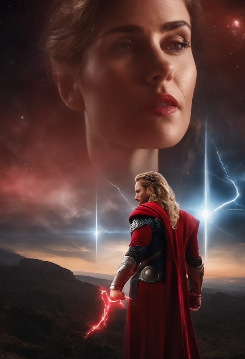 A fusion of the Scarlet Witch and Thor, luz da lua distante, Noite, Florescer), (cinemactic, melhor qualidade, master part, texturas ultra HD, altamente detalhado, hyper realistic, detalhes intrincados, 8k, Fotorrealista, arte conceitual, pintura Fosca, Autodesk Maya |, vray render, ray tracing, HDR), (DSLR, quadro completo, 16mm focal length, F/Abertura 8, dynamic perspective, Dynamic angle, proportion Aurea, FotograFia ampla, wide field of view, proFundidade de campo, Reduzir)