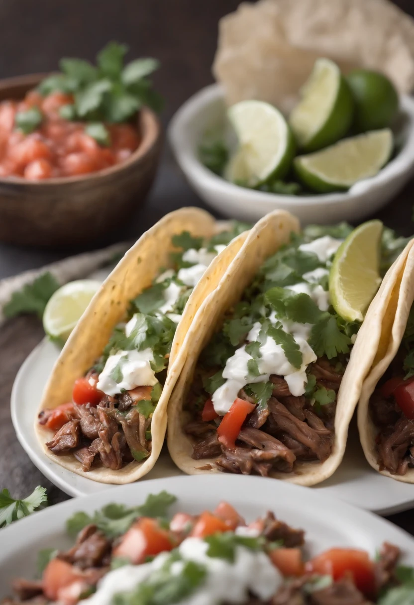 tacos de barbacoa, salsa verde ,mexicanos , sabrosa, caliente, foto promocional, detalles intrincados, hdr, muy detallada