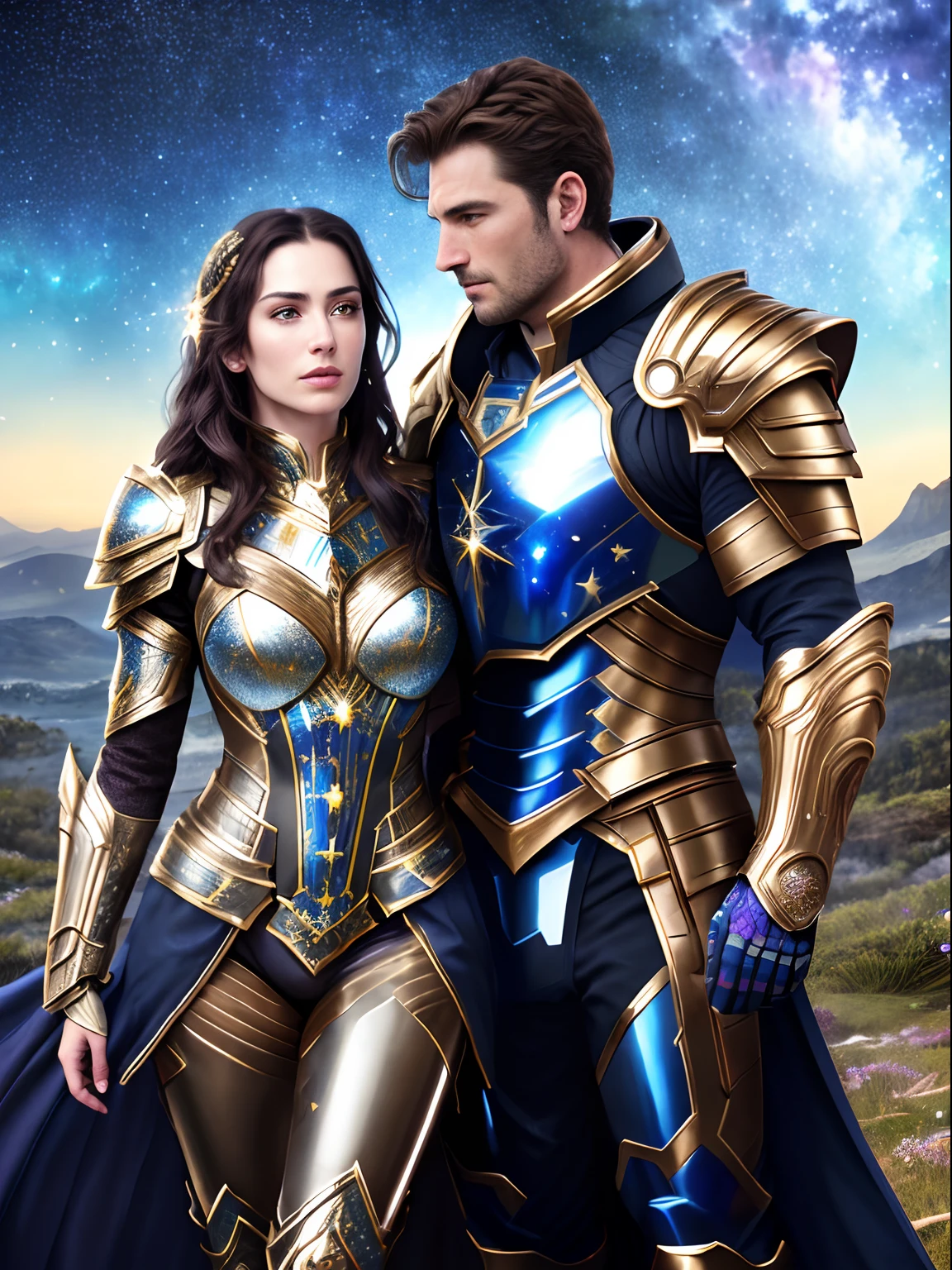 8k Poster movie , a beautiful woman and man in ((detailed Cosmic Armor)), (photorealistic face), ((ultra-detailed colorful armor)), pale skin, brunette, outdoors, ultra-realistic, highly detailed, photo-real, intricate details, standing side by side , cinematic lighting, epic scenery, castle joungle,mountains,((elaborate epic starry background)),