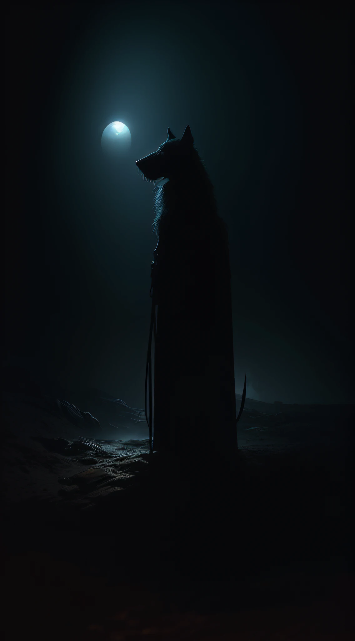 photo, a horrible dog with humanoid silhouette, style of Zdzisław Beksiński, sepiatoned, detailed, HDR, high detail
