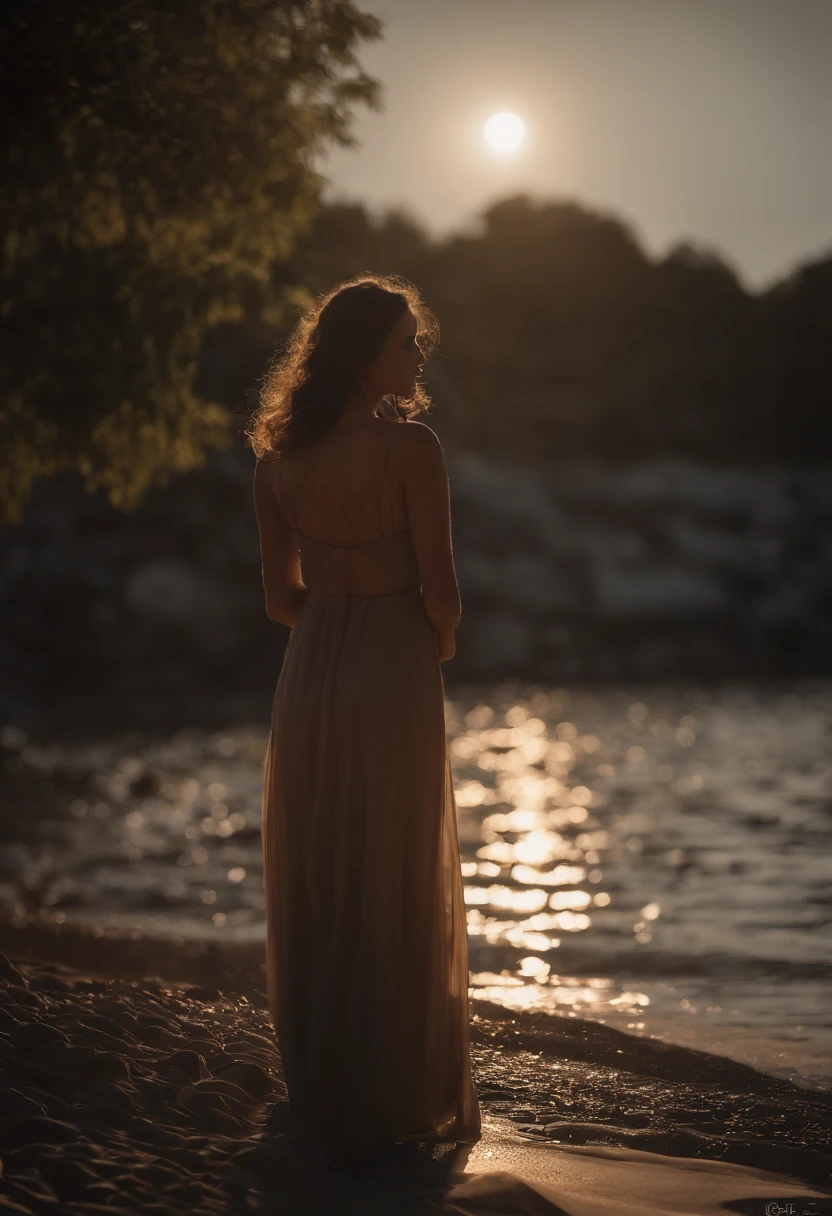 A close-up photograph of a nude woman standing on the bed with her back to the camera, gazing out over a serene lake. The early morning light casts a soft, muted glow, highlighting the gentle ripples on the water. A delicate mist rises from the surface, merging the bed with the bedroom. Her entire silhouette, from head to toe, contrasts the luminous backdrop. The details of her hair, perhaps slightly tousled by a calm breeze, are captured in the soft light. The atmosphere evokes contemplation and tranquility. Captured with a shallow depth of field to emphasize the woman’s outline against the ethereal lake scene.
