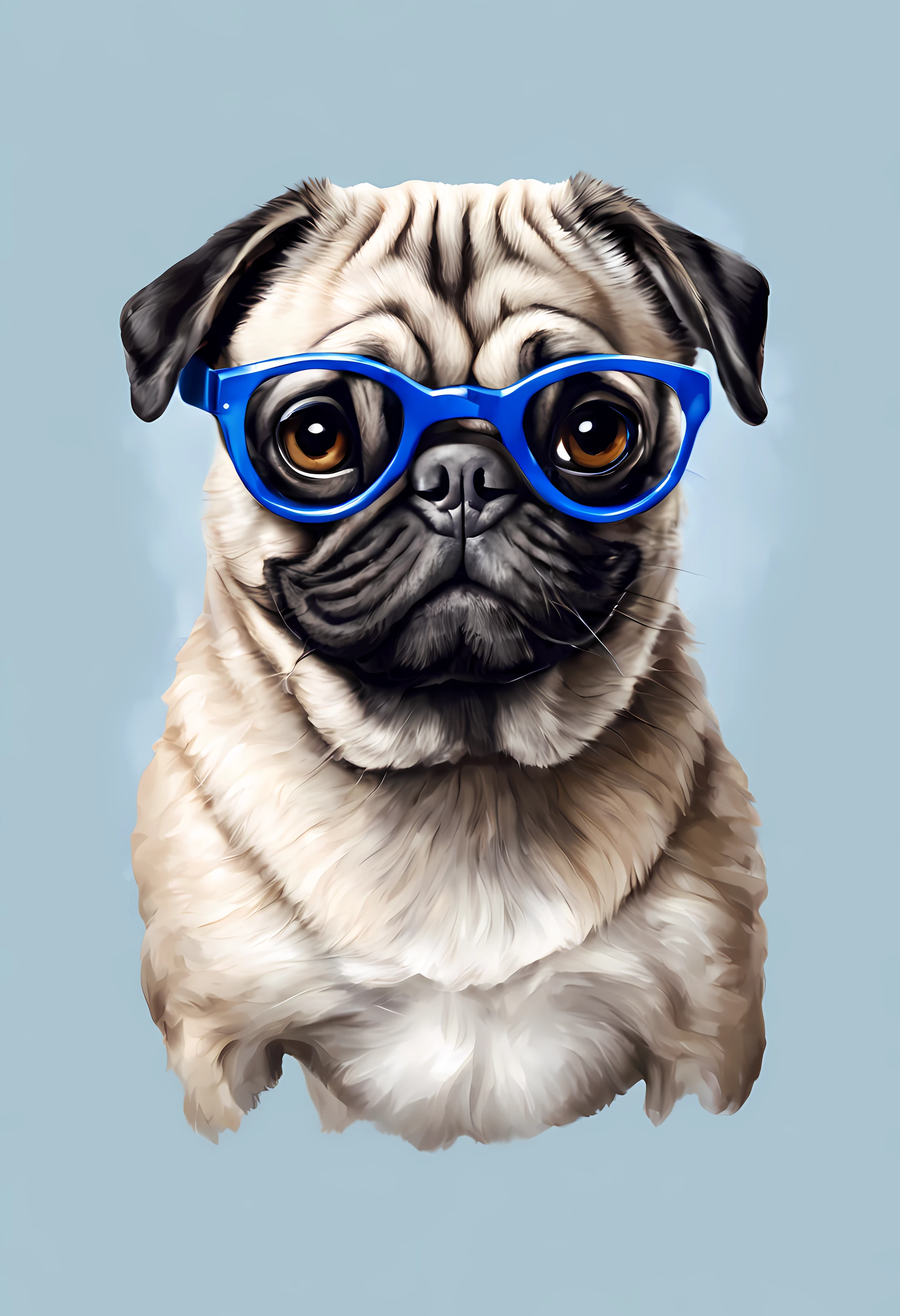 um cachorro Pug, pintura estilo 3D aquarela, Dog wearing blue glasses, Pug dog wearing a pair of glasses , imagem completa, High resolution high contrast (fotorrealista:1.5), (Foto RAW, 8k UHD,