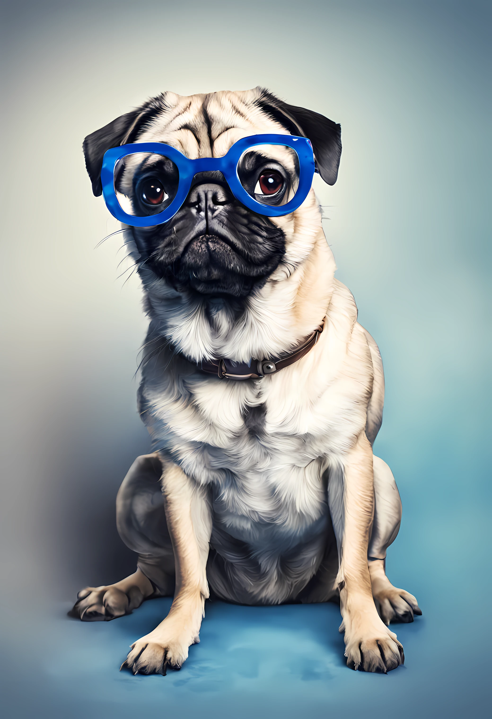 um cachorro Pug, pintura estilo 3D aquarela, Dog wearing blue glasses, Pug dog wearing a pair of glasses , imagem completa, High resolution high contrast (fotorrealista:1.5), (Foto RAW, 8k UHD,