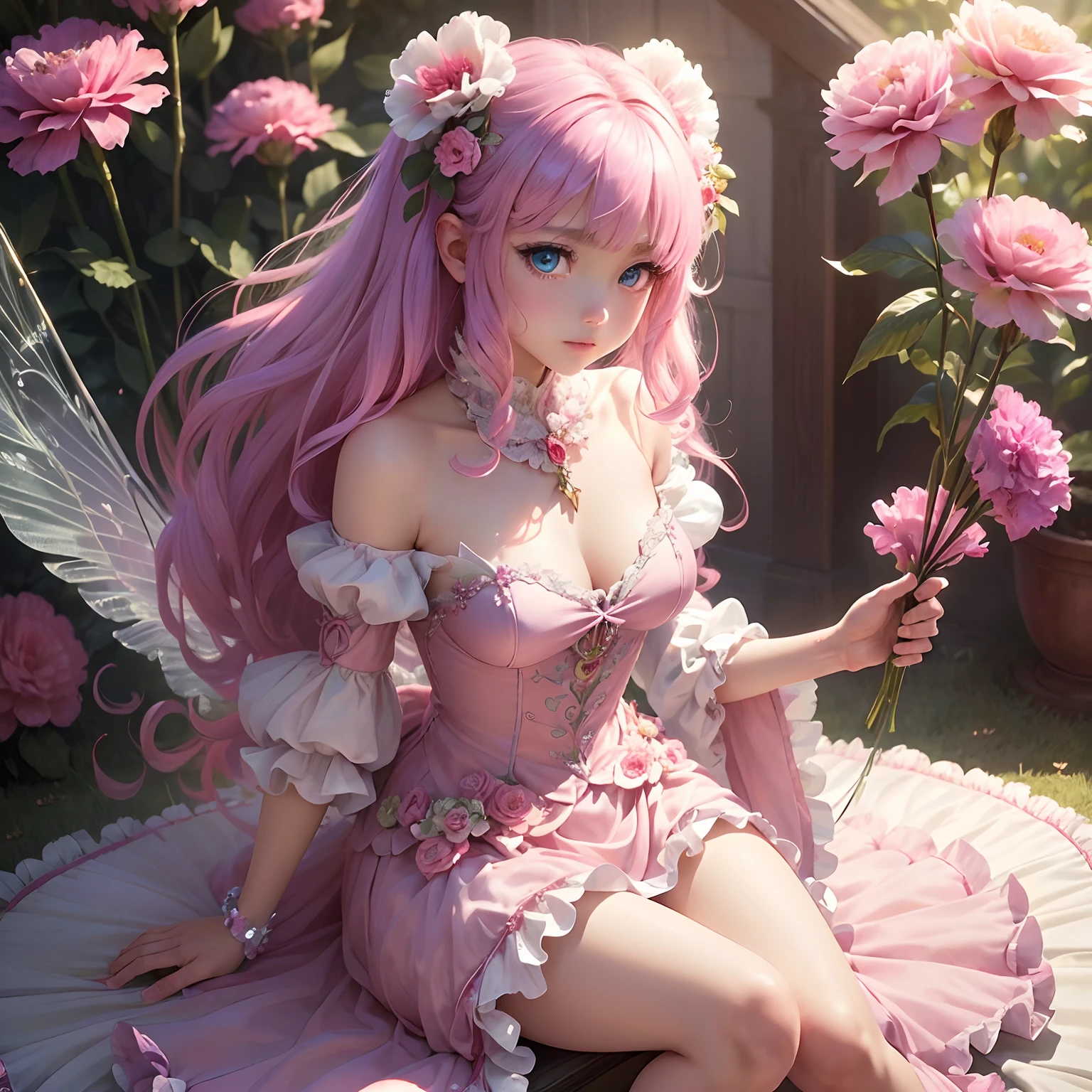 (Best Quality,Ultra-detailed,Realistic:1.37)、Carnation Fairy、An 18-year-old woman、独奏、Anthropomorphic carnation、(Clear eyes:1.5)、Bewitching look、Fairy with wings、Carnation hair ornament、(Flashy clothes with carnation motifs:1.5、Emphasis on the properties of carnations)、Carnation Garden、Full body