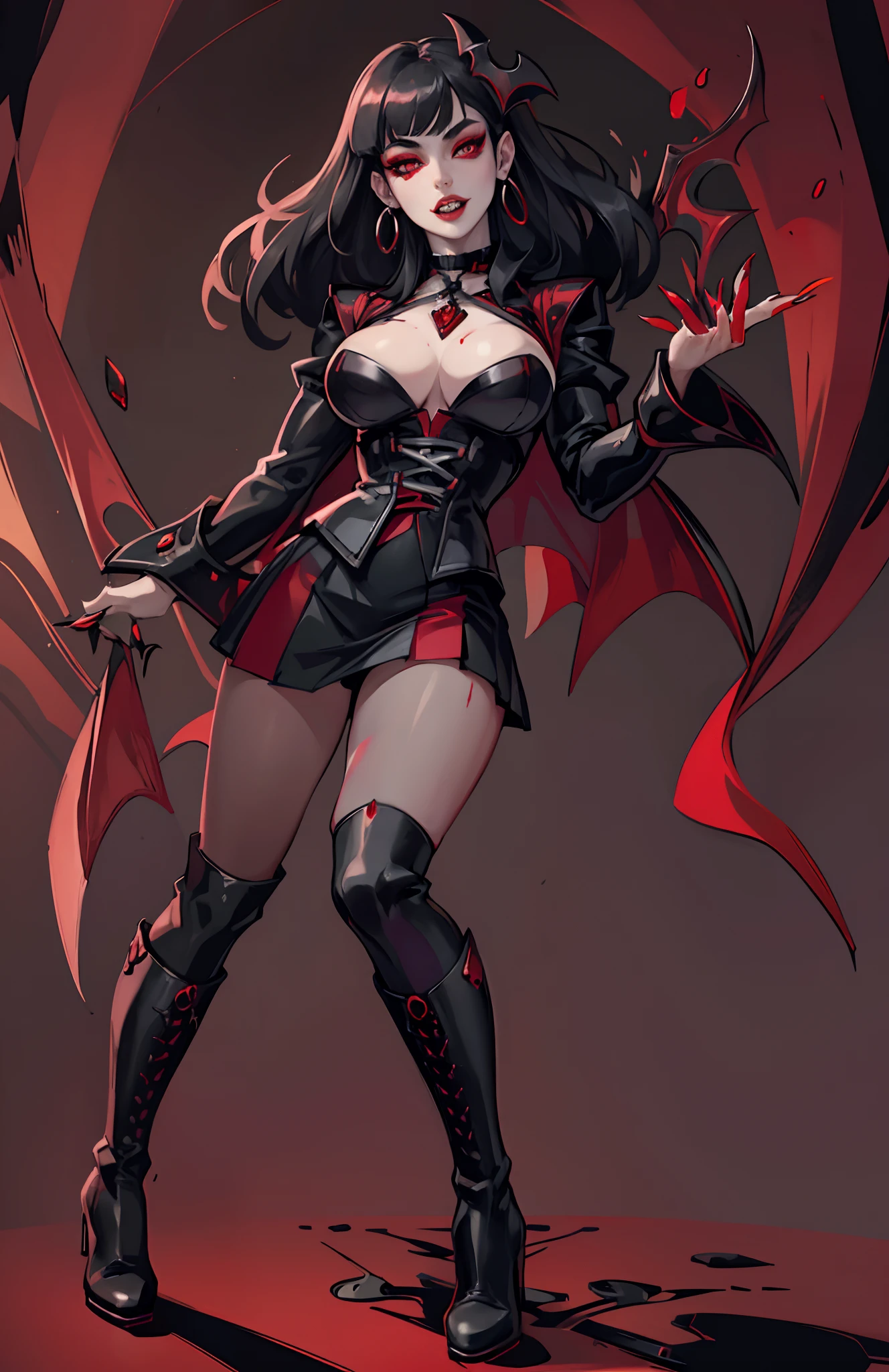 Woman, pale skin, black long hair with bangs,red eyes, detailed face, detailed eye, beautiful hands, black corset, black mini skirt, big nails, black boots, black makeup, black makeup shadow, black eyeliner, black circles, dark circles, blood dripping from the mouth, vampire teeth, lips red blood, vampire outfit, vampire woman, big eyelashes, seductive eyes, eyes red, psychopath face, psychopath vampire,vampire pose, attacking, vampire attack, body stand,