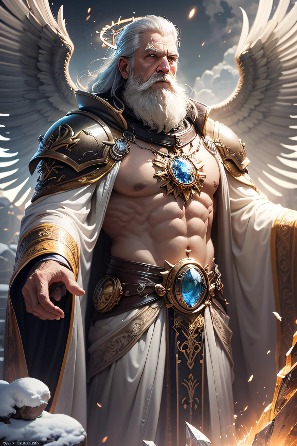 super high resolution, best quality, photo, 8k, (photorealistic: 1.2), cinematic lighting, An old man shaped like a fantz wlop, giant man with beard in bright white robes and floating on the crystal throne floating on crystal clouds, yellow eyes, bright yellow light emitted from the throne, precious stones floating in the sky, God, with beams of light enveloping his body, with large translucent, feathered wings on the crystal throne, wings are open, golden light (halo:1.2) over your head, abdominal muscles dressed in medieval golden armor, beard, masculine, dark, masterpiece, best quality, intricate details, snow environment and crystals in the background, crystal cathedral, portal of the future, 3D light, HD, magic, god of light, backlighting, detailed face, DREAD, depth of field, soft lighting, tone mapped, highly detailed, concept art, smooth, sharp focus, dramatic lighting, highly detailed art, cinematic, 8K, amazing shadows (highly detailed background: 1.2) --auto --s2