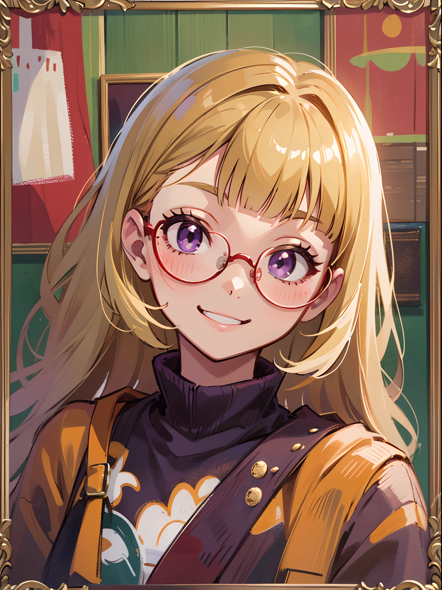 Single Portrait, infp young woman, Smile, Impression, (Oil Painting), Green and orange tones、a blond、Blunt bangs、Straight hair, Hair pulled back、Purple eyes、((Red Frame Glasses)):1.5、Onepiece、Long sleeves、A slight smil、