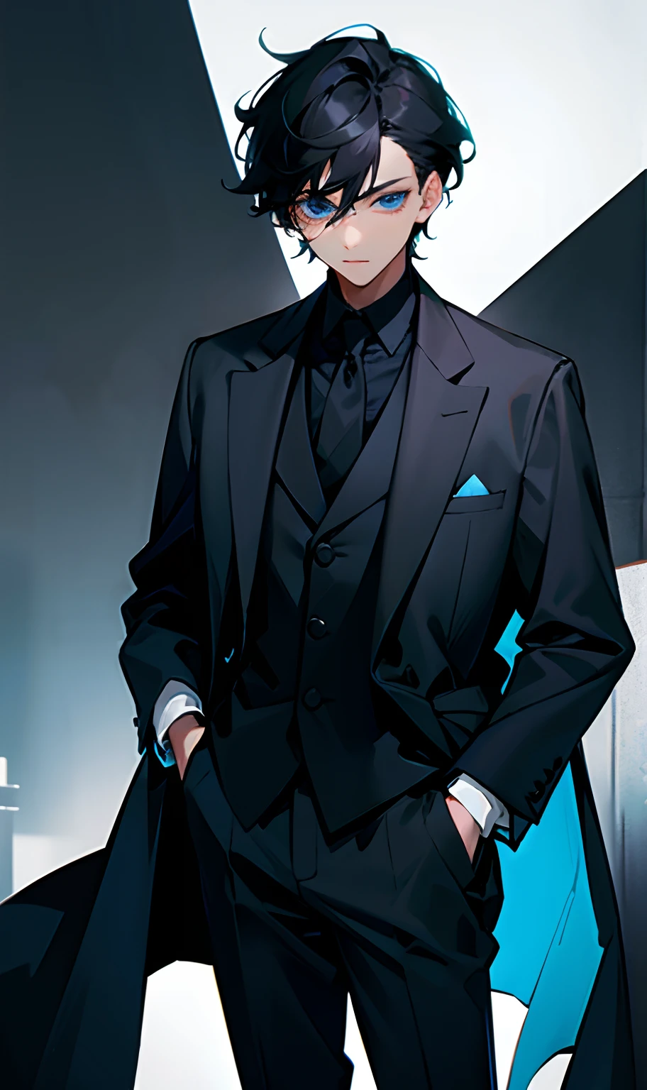 Black-haired boy with blue eyes wearing a suit and overcoat on his blouse with his hand in his pocket