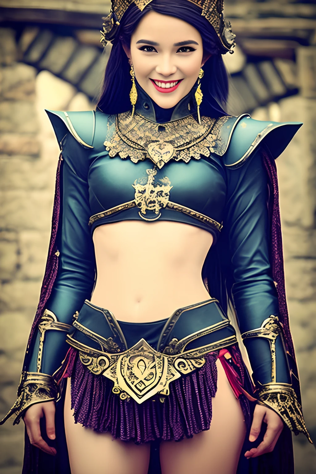 she is laying on her back. Your upper body is and your breasts are emphasized. The panties are visible through the armor on the lower half of the body. postura sentada, pernas abertas. Imagem de um guerreiro com uma espada. smiling expression. It gives charm and feminine courage. nearby, Uma roupa de guerreiro projetada para enfatizar as linhas do corpo, combined with metallic details that create a combative atmosphere, Leva, Cocares de prata ou ouro, Necklaces and lapis lazuli accessories such as matching rings and earrings. Enfim, The atmosphere of the warrior will be expressed with sharp eyeliner and dark shadow. Filming took place in the courtyard of an abandoned castle. In the background are the ruined castle walls, An upside-down flag and stone statues evoking a sense of history. It is here that you can watch the warrior's cosplay amidst a historical and mysterious atmosphere...