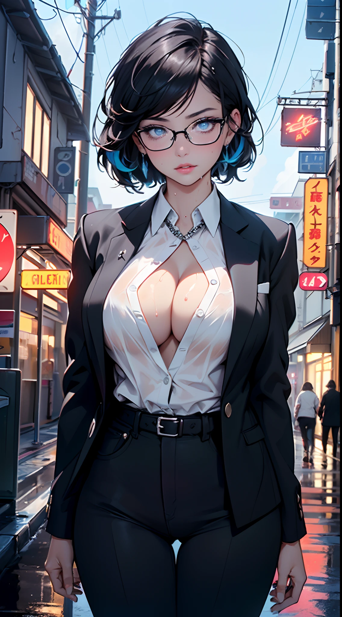 cute girl,(((1girl))),((girl with extremely cute and beautiful black hair)),
(large breasts:1.4),(((black hair:1.35,colored inner hair,ear breathing,large hair,tomboy haircut))),(((blue_eyes:1.3))),intricate eyes,beautiful detailed eyes,symmetrical eyes,((fat)),((lustrous skin:1.5,bright skin: 1.5,skin tanned,shiny skin,very shiny skin,shiny body,plastic glitter skin,exaggerated shiny skin,illuminated skin,wet legs))),(spider lower abdomen,narrow waist,wide hip,athletic body,inflated legs,detailed body,(detailed face)),
cute,slutty,seductive,erotic,(((nsfw))),
((((glasses)))),(((wearing white formal blazer,black formal pants,))),(((huge cleavage))),((wet clothes,intricate outfit,intricate clothes)),
(dynamic pose:1.0),solo focus,embarrassed,(centered,scale to fit dimensions,Rule of thirds),
cyberpunk city by the ocean at night, with bright neon signs and dark stormy clouds and puddles, scenery:1.25,
artistic photography,(photography taken by sldr),highres, sharp focus, (ultra detailed, extremely detailed), (photorealistic artwork:1.37),(extremely detailed CG unity 8k wallpaper),((synthwave background theme)),(((vibrant colors))),(intricate background),(masterpiece),(best quality)