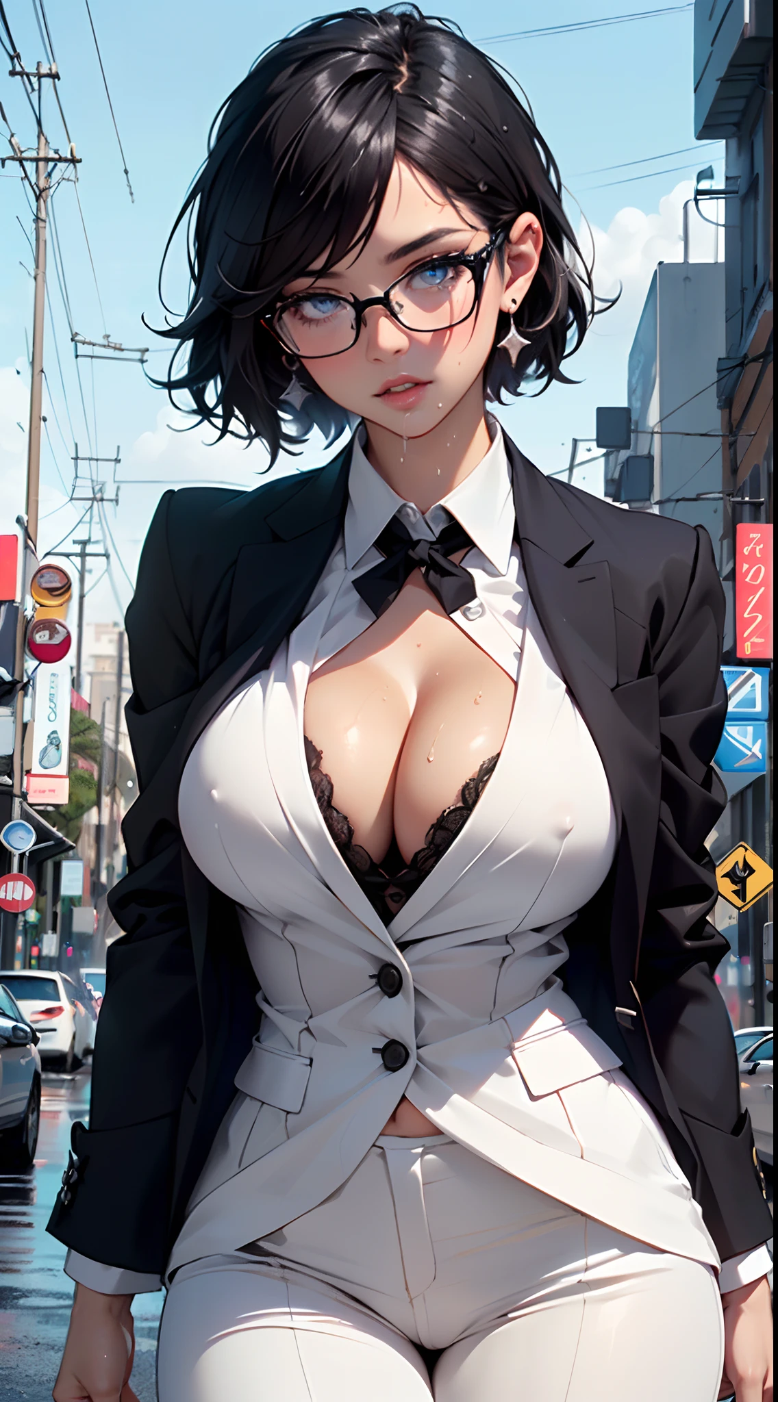 cute girl,(((1girl))),((girl with extremely cute and beautiful black hair)),
(large breasts:1.4),(((black hair:1.35,colored inner hair,ear breathing,large hair,tomboy haircut))),(((blue_eyes:1.3))),intricate eyes,beautiful detailed eyes,symmetrical eyes,((fat)),((lustrous skin:1.5,bright skin: 1.5,skin tanned,shiny skin,very shiny skin,shiny body,plastic glitter skin,exaggerated shiny skin,illuminated skin,wet legs))),(spider lower abdomen,narrow waist,wide hip,athletic body,inflated legs,detailed body,(detailed face)),
cute,slutty,seductive,erotic,(((nsfw))),
((((glasses)))),(((wearing white formal blazer,black formal pants,))),(((huge cleavage))),((wet clothes,intricate outfit,intricate clothes)),
(dynamic pose:1.0),solo focus,embarrassed,(centered,scale to fit dimensions,Rule of thirds),
cyberpunk city by the ocean at night, with bright neon signs and dark stormy clouds and puddles, scenery:1.25,
artistic photography,(photography taken by sldr),highres, sharp focus, (ultra detailed, extremely detailed), (photorealistic artwork:1.37),(extremely detailed CG unity 8k wallpaper),((synthwave background theme)),(((vibrant colors))),(intricate background),(masterpiece),(best quality)