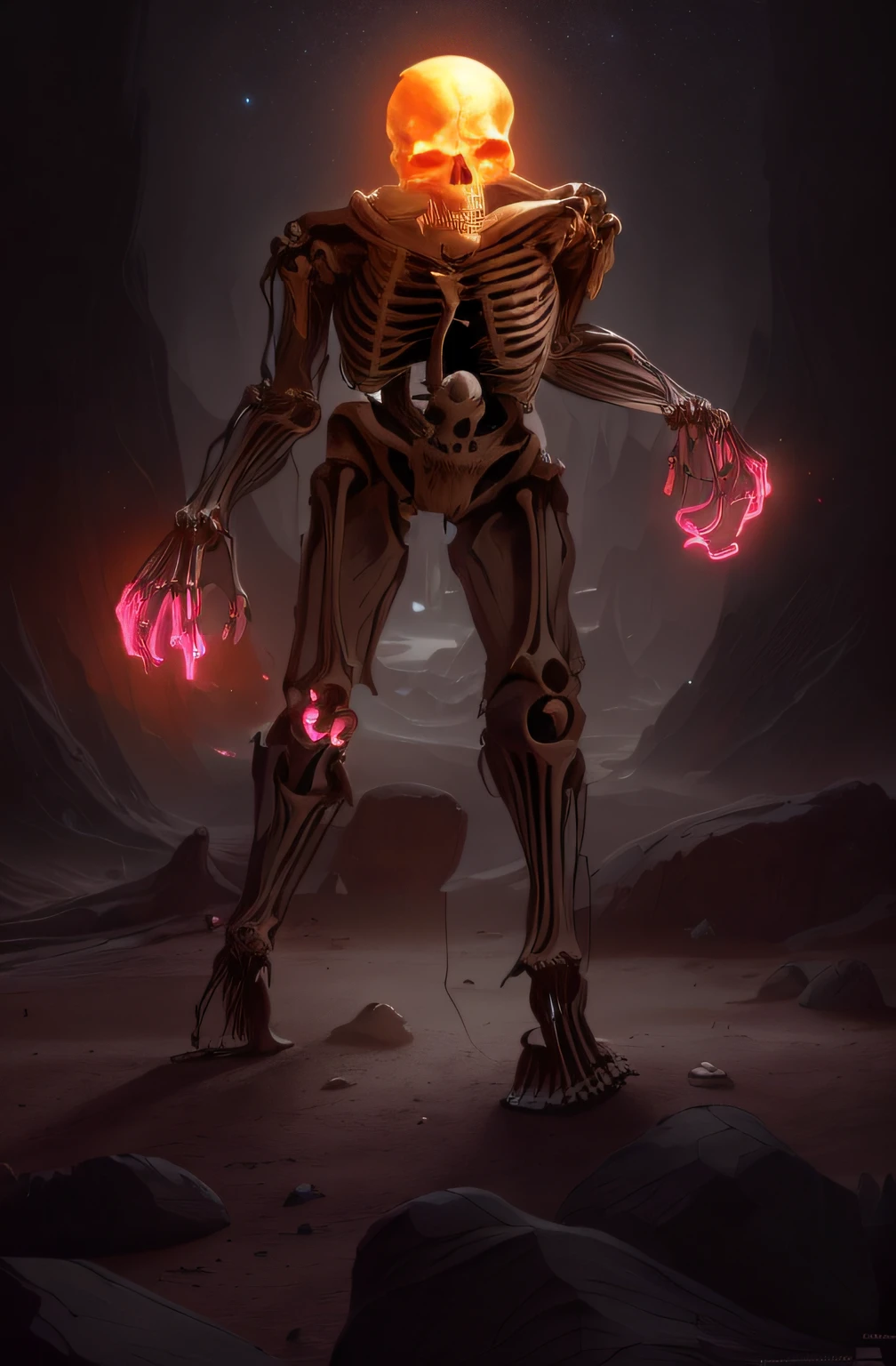 arafed skeleton with a glowing skull and a glowing skull, detailed humanoid, skeleton - like creature, skeleton-like creature, humanoid creature, volcanic skeleton, stefan koidl inspired, dark concept art, detailed full body concept, dark sci-fi art, cyber skeleton, creature concept art, cyberpunk skeleton, skeleton warrior, fleshy skeletal