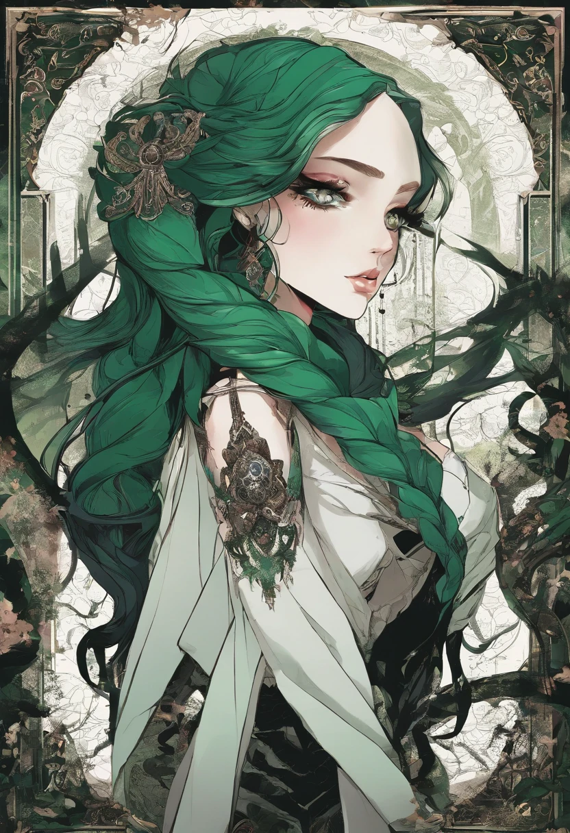 A beautiful woman with long dark green hair、Green eyes，The expression is cold，A poisonous snake wrapped around his neck，viciousness，unholy，badass，Wearing white delicate religious clothes，In the middle of the wilderness，Full body like。