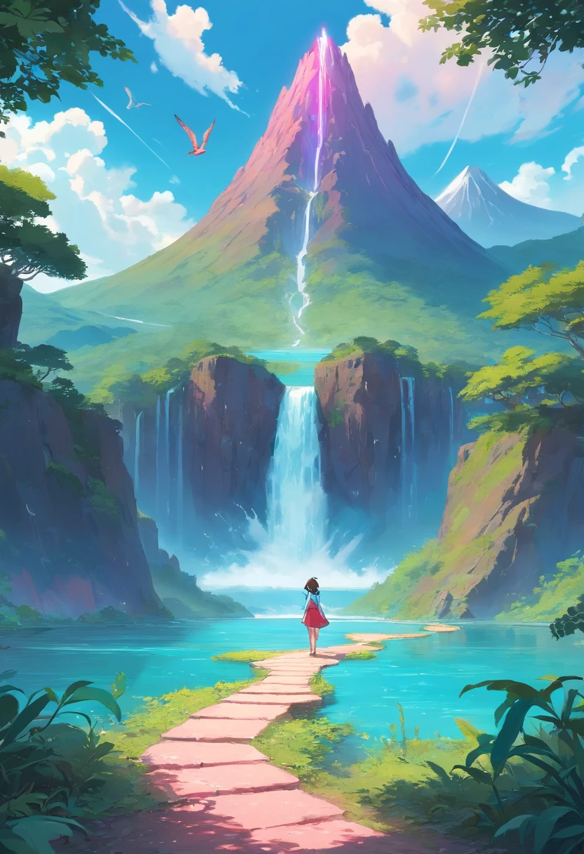In the foreground very close
A 1.60 meter tall brunette girl in a red skirt with shoulder-length curly hair, carrying a backpack, with a stick in her right hand, accompanied by a large pale green frog 1 meter nearby of the girl on a zigzag path of brown sandy earth with beautiful gray rocks on the edges all along the path in the middle of a forest. The path leads to a lagoon of volcanic turquoise water from a large mountain that resembles a volcano having a large waterfall in the center falling into the lagoon, with two other small waterfalls on the sides of the Big Mountain, Seven Birds far into the sky in the background, a circle of small clouds around the top of the mountain, and purple purple and pale pink plants surrounding the lagoon. A brilliant red and blue phoenix emerging from the lagoon to fly away,
Zen theme, wonderful